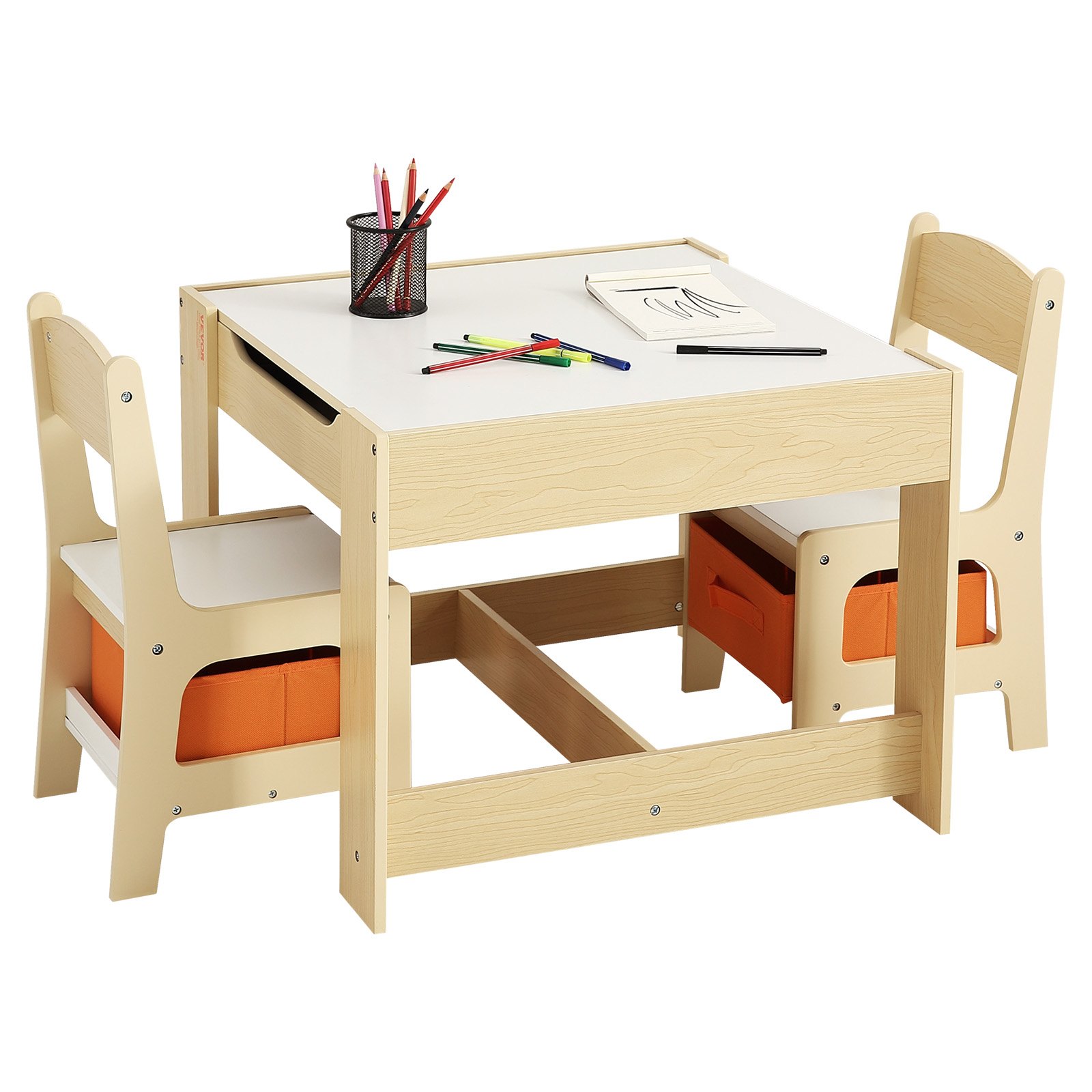 VEVOR Set Tavolo 2 Sedie per Bambini, Set Tavolo Sedie per Bambini con Spazio di Stoccaggio Sotto Tavolo, Contenitore Portaoggetti in Tessuto Sotto Sedie, Scrivania in Legno per Lettura