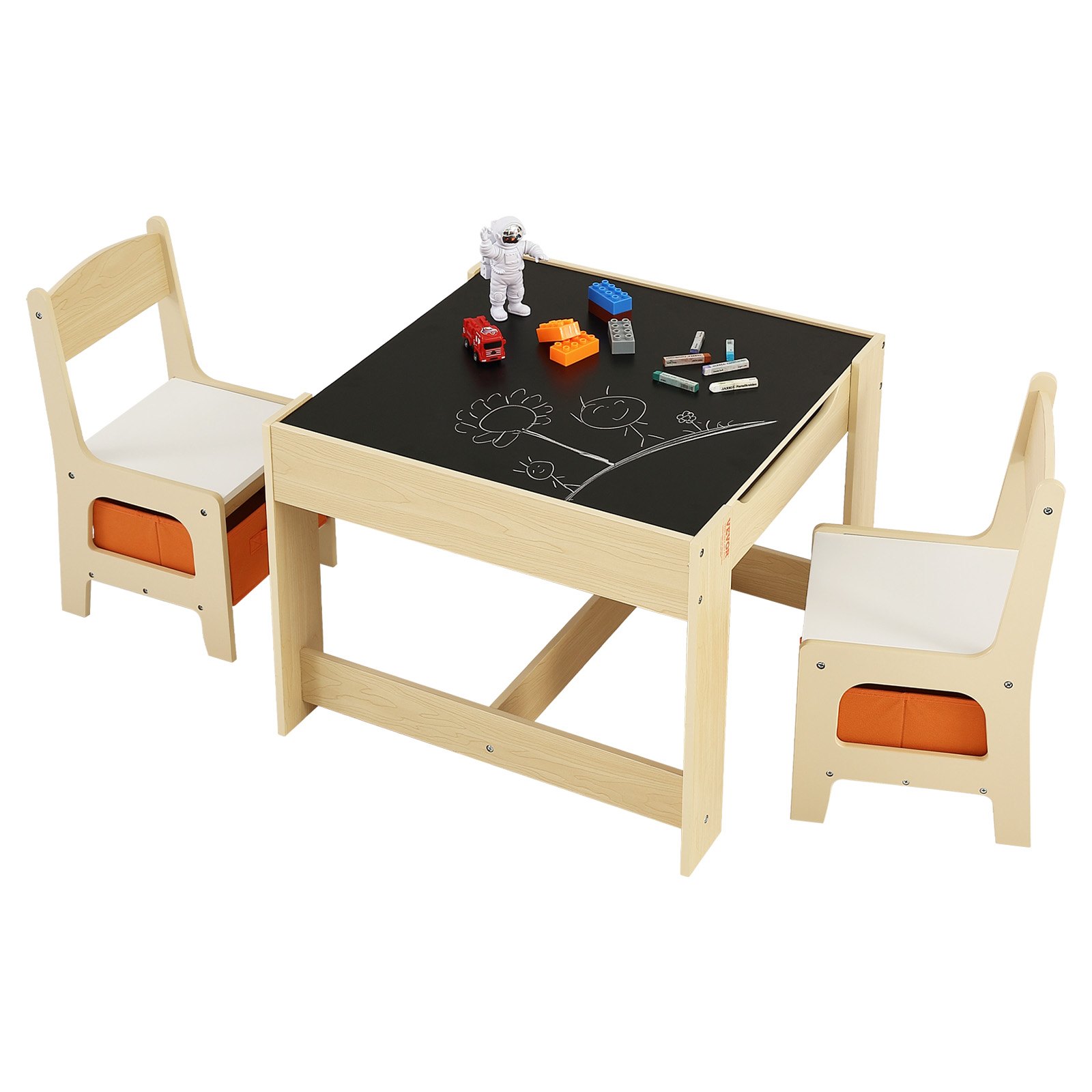 VEVOR Set Tavolo 2 Sedie per Bambini, Set Tavolo Sedie per Bambini con Spazio di Stoccaggio Sotto Tavolo, Contenitore Portaoggetti in Tessuto Sotto Sedie, Scrivania in Legno per Lettura