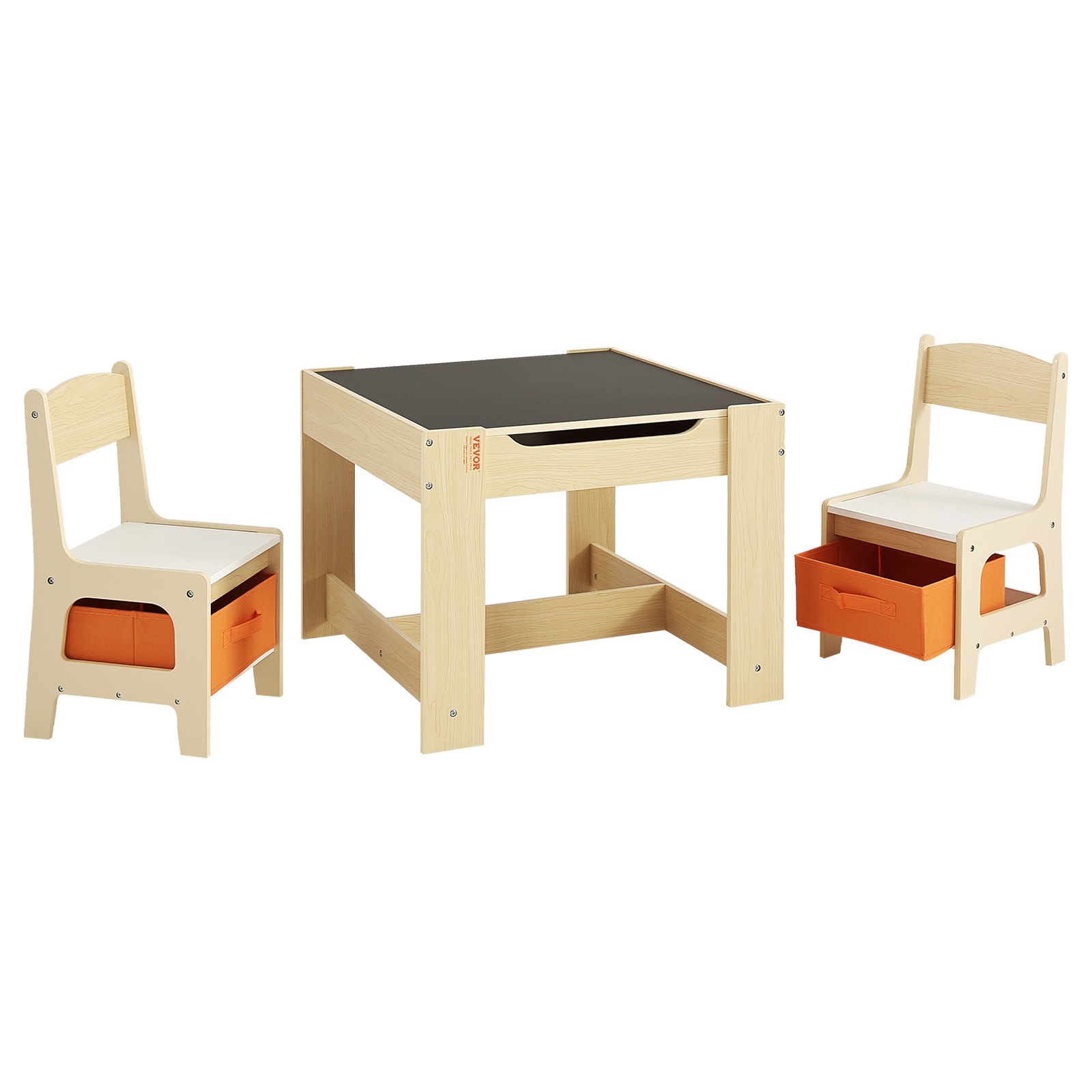 VEVOR Set Tavolo 2 Sedie per Bambini, Set Tavolo Sedie per Bambini con Spazio di Stoccaggio Sotto Tavolo, Contenitore Portaoggetti in Tessuto Sotto Sedie, Scrivania in Legno per Lettura