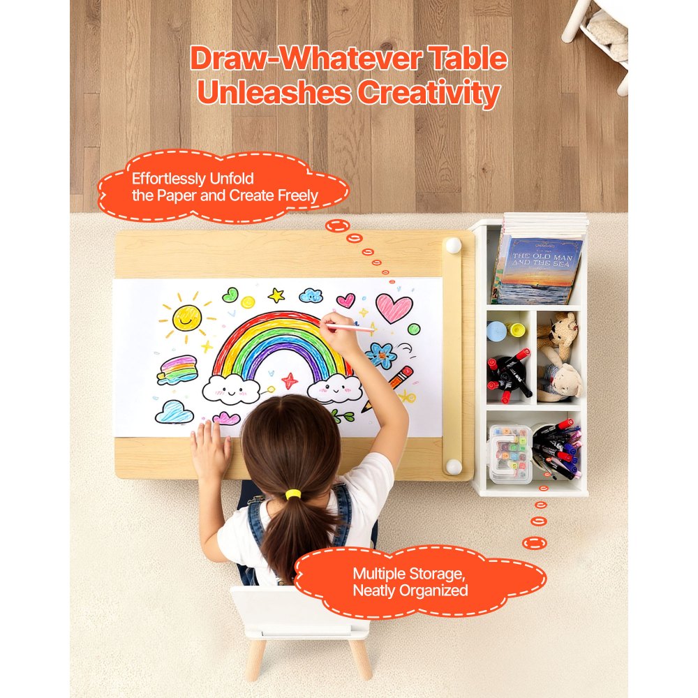 VEVOR Set di Tavolo Sedie per Bambini Mobiletto Portaoggetti a 3 Ripiani, Set da Tavolo Sedie con Armadietto di Stoccaggio per Bambini per l'Asilo Nido, Scuola Materna, Sala Giochi, Bianco