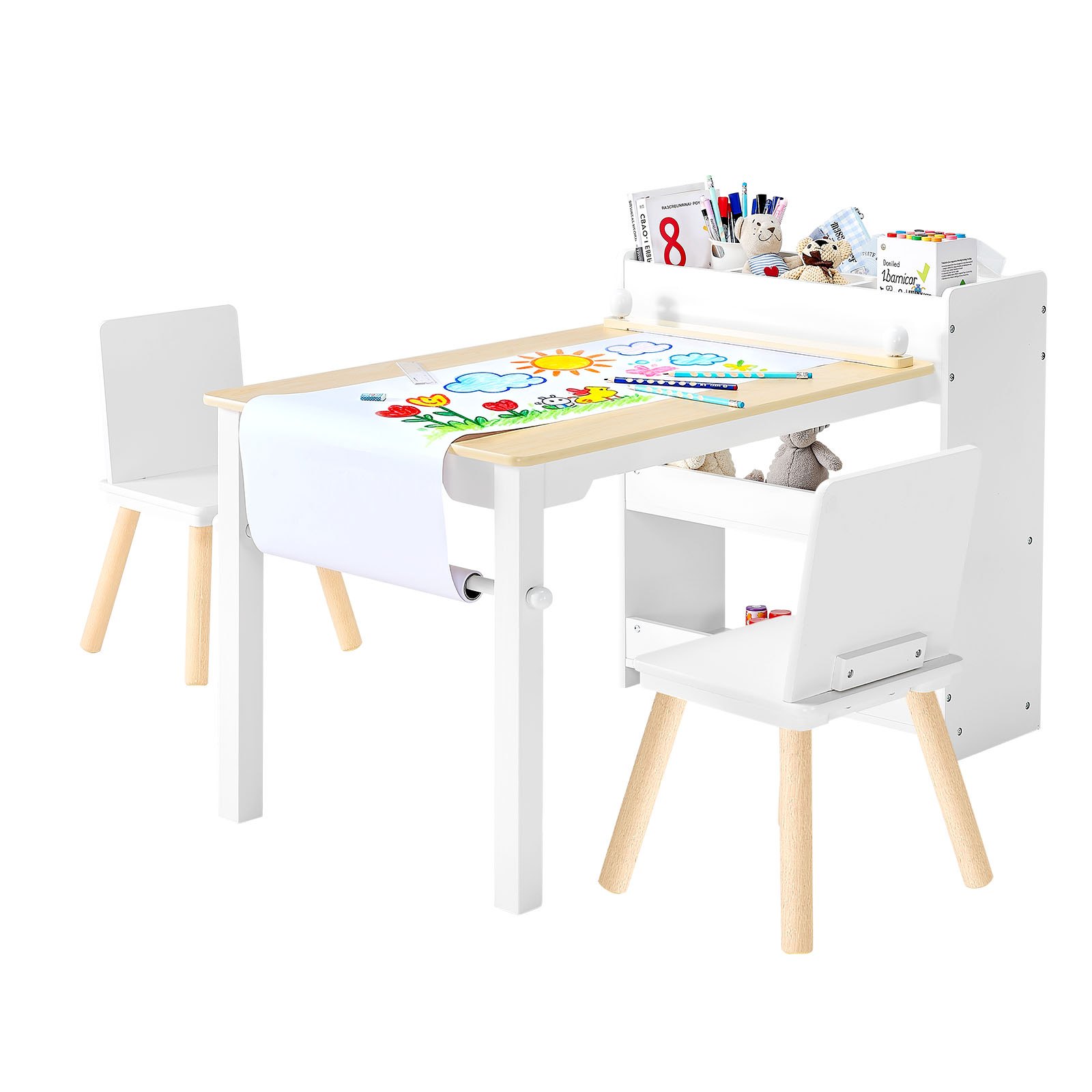 VEVOR Set di Tavolo Sedie per Bambini Mobiletto Portaoggetti a 3 Ripiani, Set da Tavolo Sedie con Armadietto di Stoccaggio per Bambini per l'Asilo Nido, Scuola Materna, Sala Giochi, Bianco