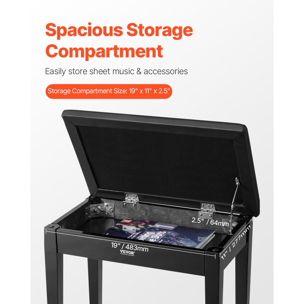 VEVOR Panca per Pianoforte 560 x 350 x 485 mm Sedia per Tastiera, Cuscino imbottito ad Alta Densità, Scomparto Portaoggetti per Libri di Musica, Sgabello per Libreria per Pianoforte, Carico 136 kg