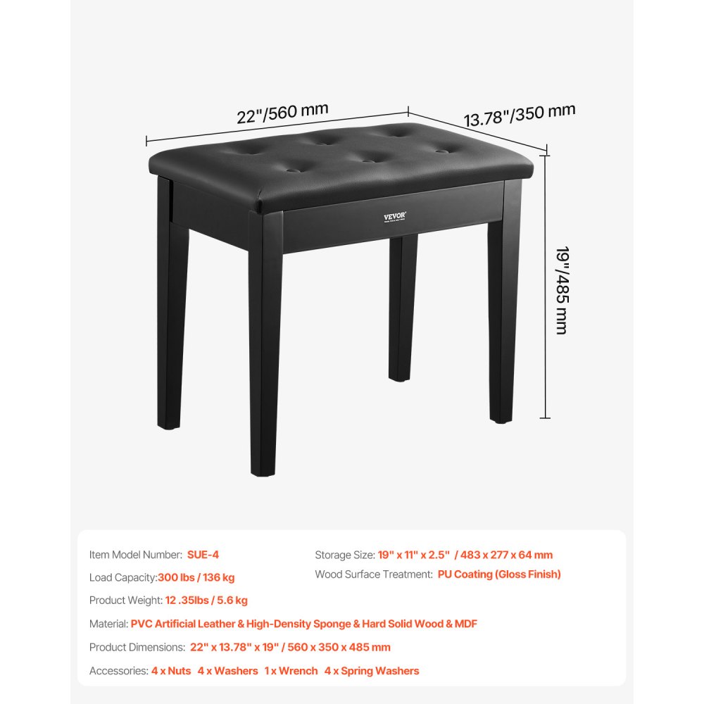 VEVOR Piano Stool 560 x 350 x 485 mm, Piano Bench, Keyboard Piano Chair with Padded Cushion, Storage Compartment for Sheet Music, Piano Bench, Stool Seat, for Dressing Table, Living Room, Bedroom