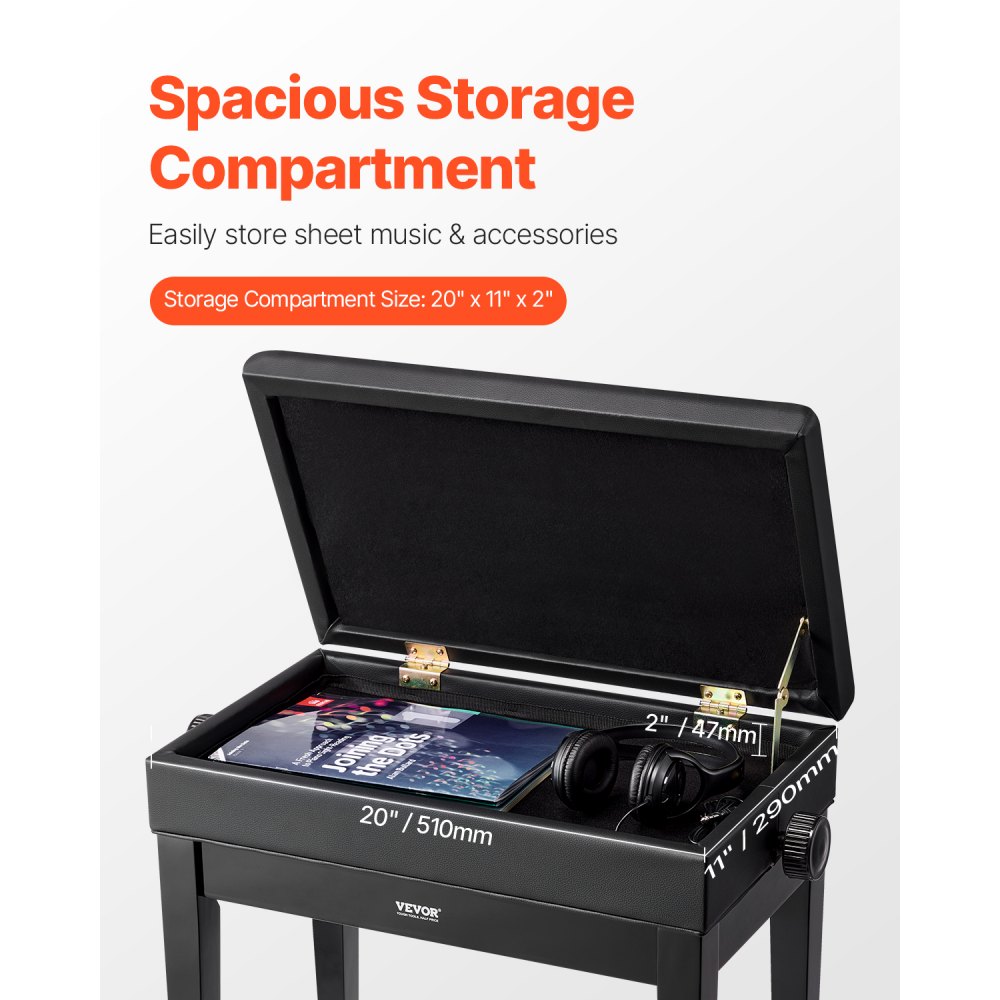 VEVOR Panca per Pianoforte 560 x 340 x 490 mm Sedia per Tastiera con Altezza Regolabile, Cuscino Imbottito, Scomparto Portaoggetti per Libri di Musica, Sgabello per Pianoforte in Legno, per Toeletta