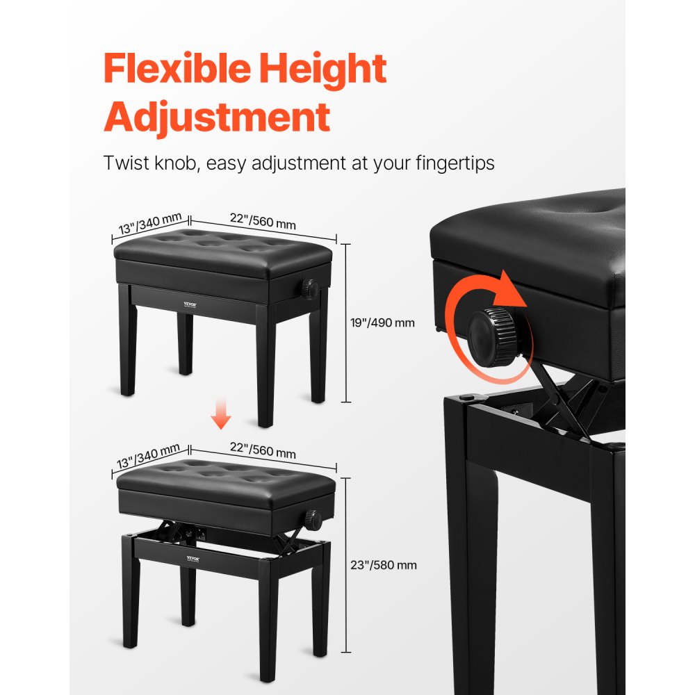 VEVOR Panca per Pianoforte 560 x 340 x 490 mm Sedia per Tastiera con Altezza Regolabile, Cuscino Imbottito, Scomparto Portaoggetti per Libri di Musica, Sgabello per Pianoforte in Legno, per Toeletta