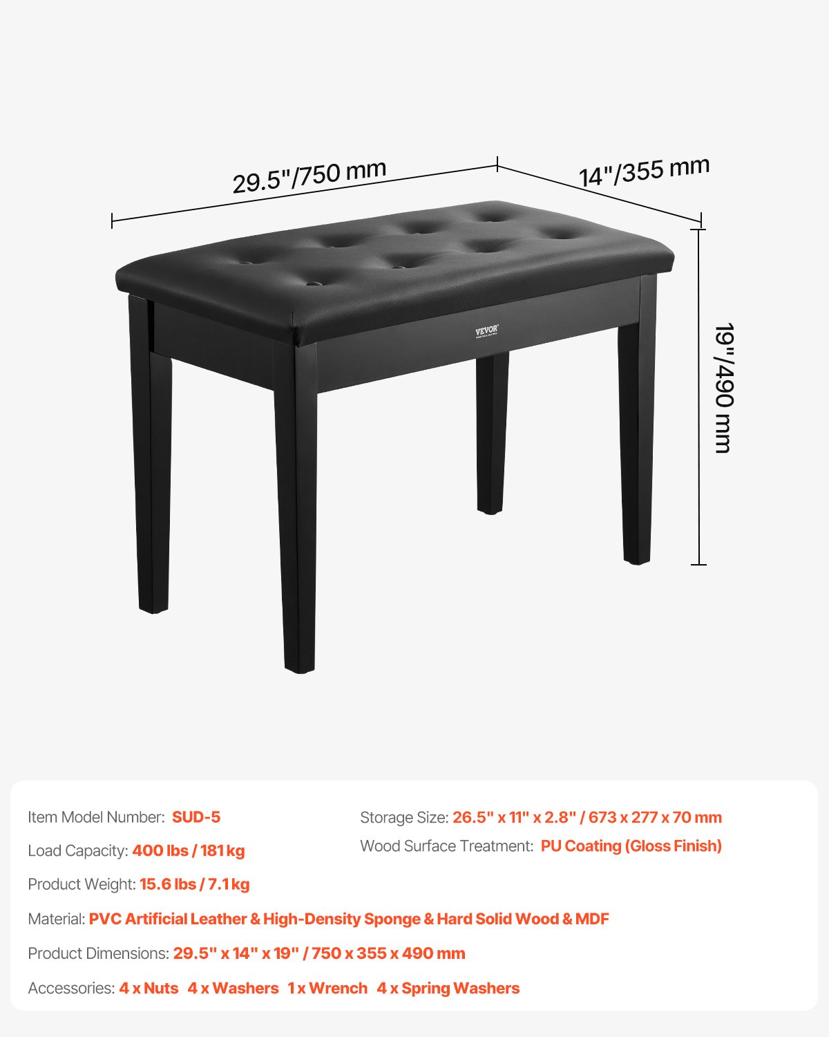 VEVOR Panca per Pianoforte 750 x 355 x 490 mm Sgabello per Libreria per Pianoforte in Legno a Due Tasti con Cuscino Imbottito ad Alta Densità, Scomparto Portaoggetti per Libri di Musica, per Toeletta