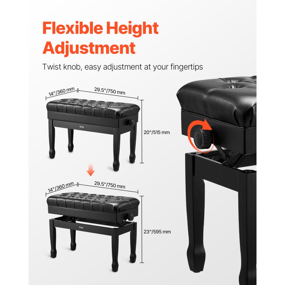 VEVOR Panca per Pianoforte 750 x 360 x 515 mm Sedia per Pianoforte a Due Tasti con Altezza Regolabile, Cuscino Imbottito, Scomparto Portaoggetti per Libri di Musica, Sgabello per Pianoforte in Legno