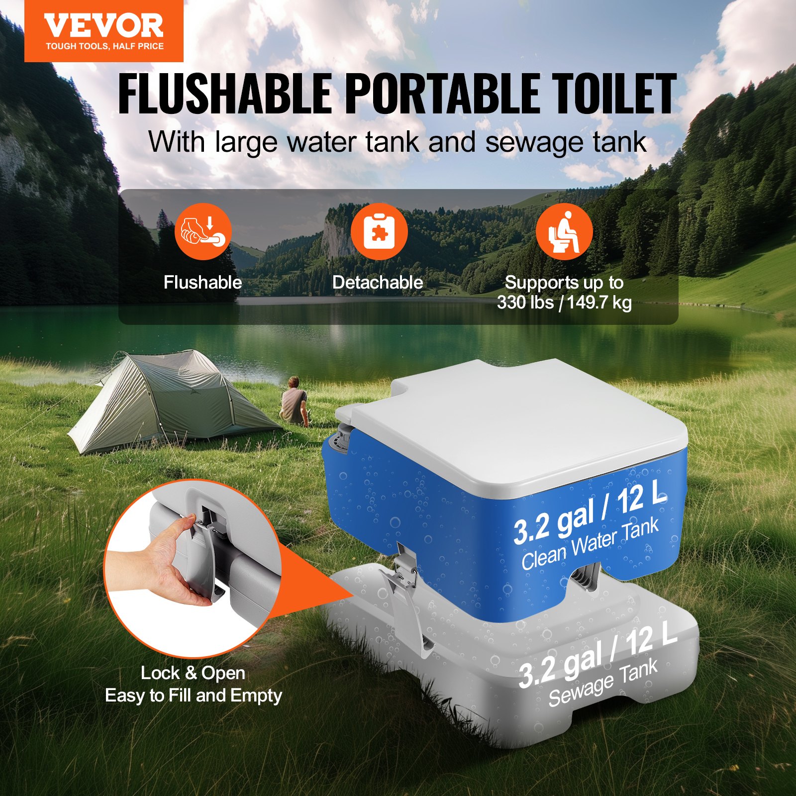 VEVOR Toilette Portatile da Campeggio 430 x 340 x 300 mm Toilette da Viaggio a Prova di Perdite e Inodore con Serbatoio di Scarico da 12 L Vasino Porta per Auto da Campeggio per Adulti e Bambini