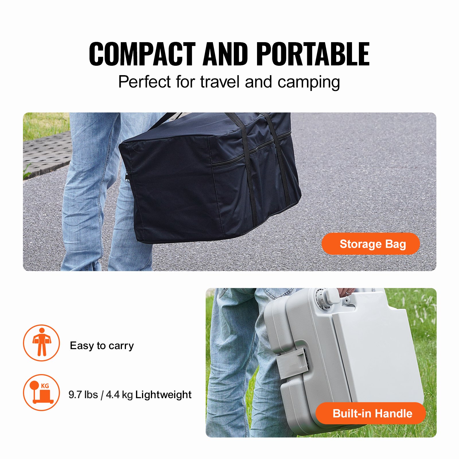 VEVOR Toilette Portatile da Campeggio 430 x 340 x 300 mm Toilette da Viaggio a Prova di Perdite e Inodore con Serbatoio di Scarico da 12 L Vasino Porta per Auto da Campeggio per Adulti e Bambini
