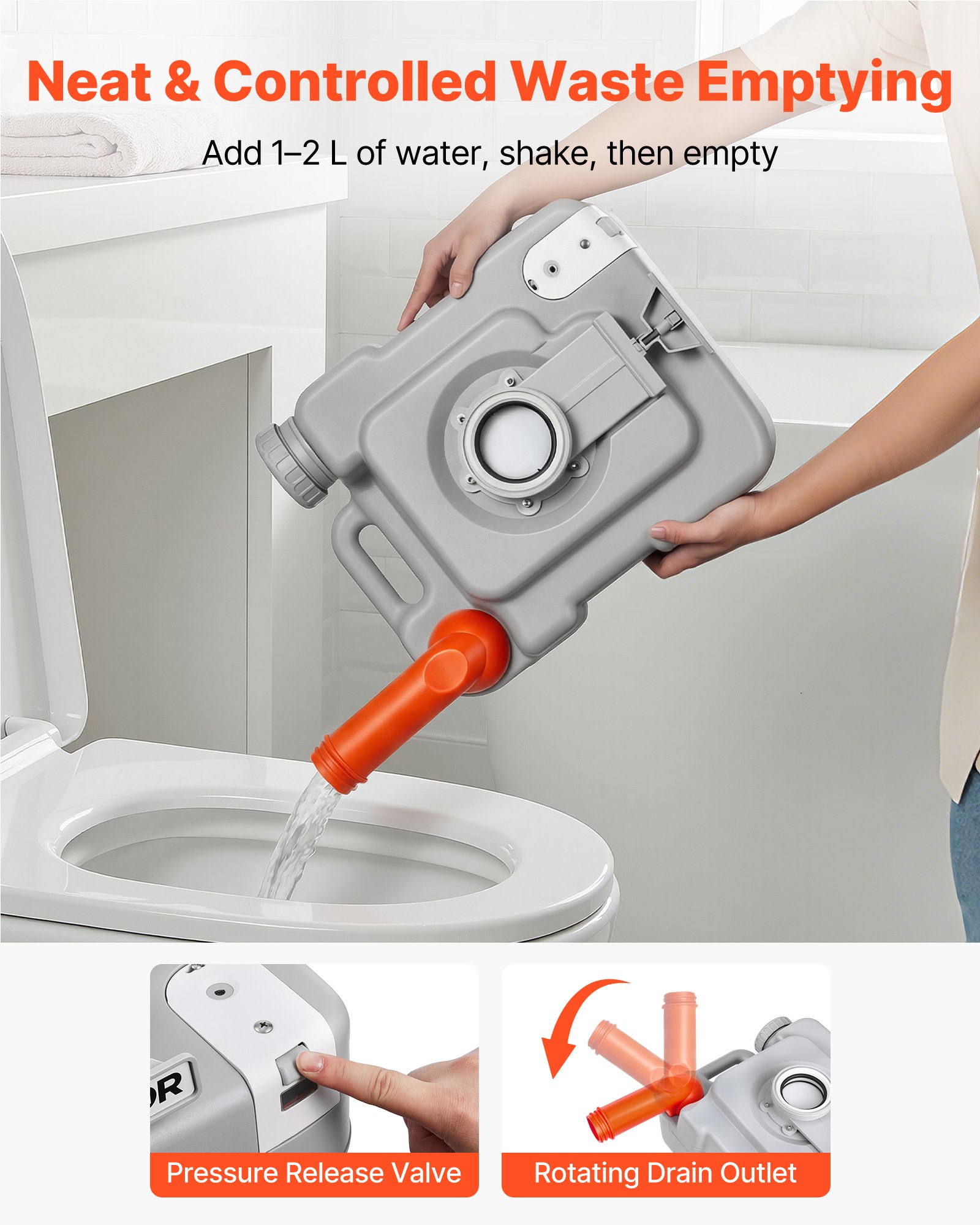 VEVOR Toilette da Campeggio Portatile con Scarico Toilette Portatile con Serbatoio di Scarico Rimovibile Capienza ca. 20 L, WC per Casa Camper Barca Escursionismo da Viaggio Serbatoio d'Acqua 12 L