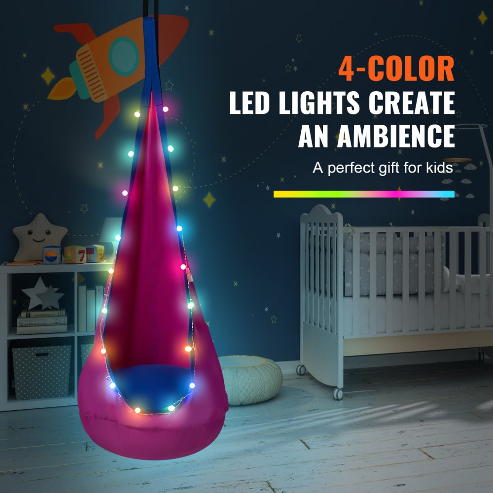 VEVOR Sedile Altalena per Bambini Sospesa, Sedia Amaca Sospesa con Corde di Luci a LED, Cuscino Gonfiabile, Sedia Altalena per Bambini Sospesa per Interno Esterno, 100% Cotone Carico 54kg Colore Rosa