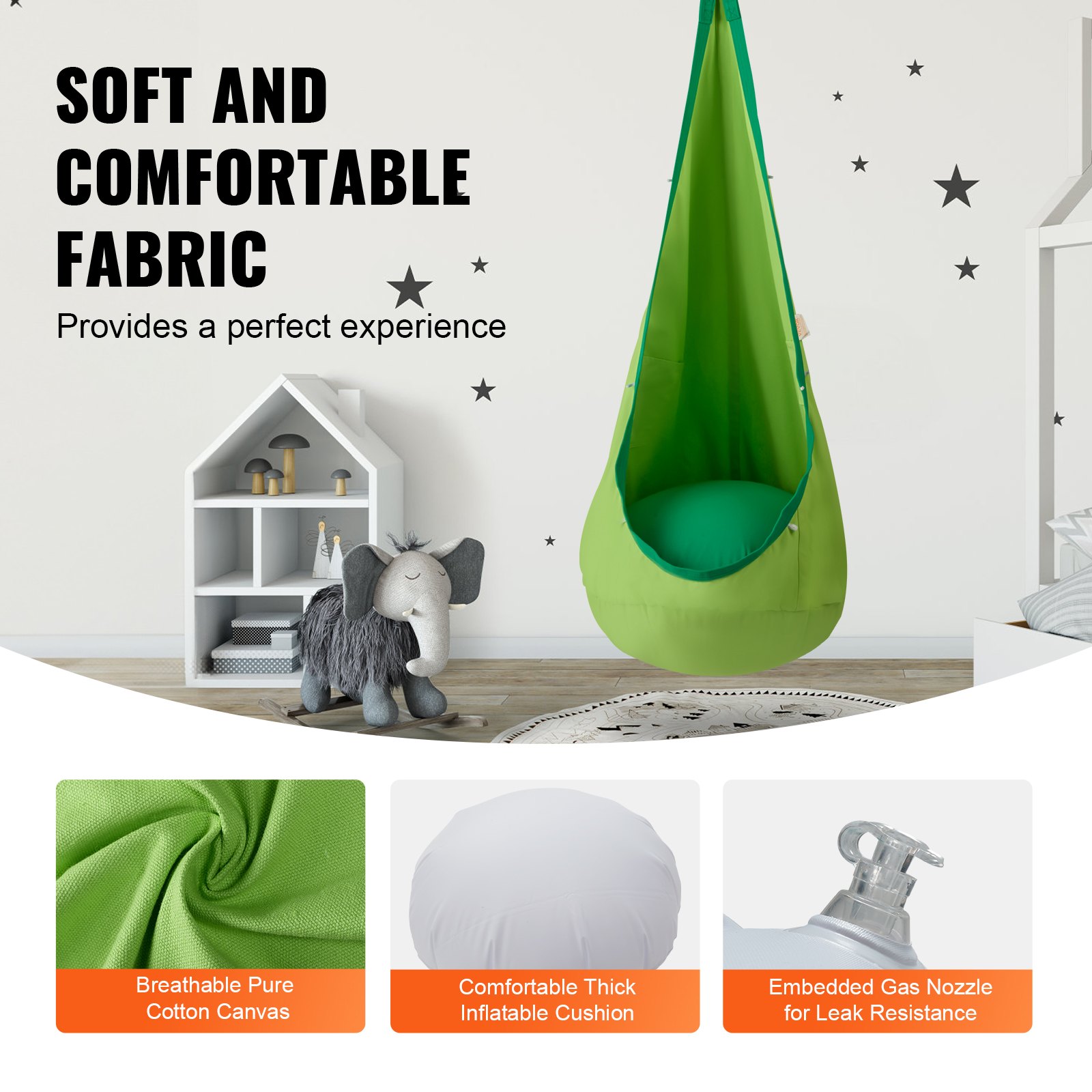 VEVOR Sedile Altalena per Bambini Sospesa, Sedia Amaca Sospesa con Corde di Luci a LED, Cuscino Gonfiabile, Sedia Altalena per Bambini Sospesa per Interno Esterno, 100% Cotone Capacità di Carico 54kg