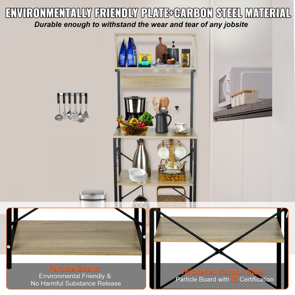 VEVOR Scaffale Portaoggetti Portautensili da Cucina 4 Ripiani Salvaspazio con 6 Ganci Carico Max. 55 kg ca., Scaffale Portautensili da Terra per Cucina per Forno Tostapane Microonde 60 x 38 x 153 cm