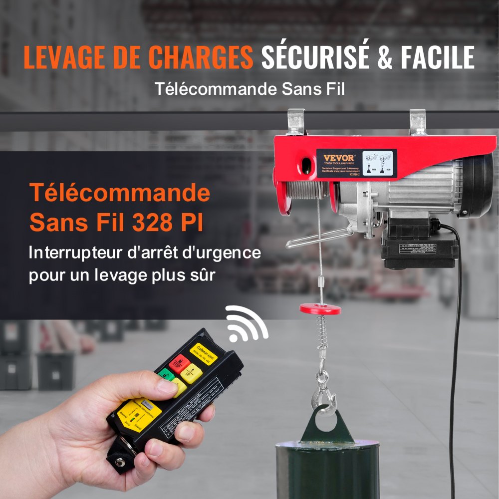 VEVOR Paranco a Leva Elettrico 1600W Carico Max. da 1000kg Motore con Telecomando Senza Filo Distanza da 10m, Paranco Elettrico a Leva per Sollevamento Carico Velocità 10 m/min Altezza 12m