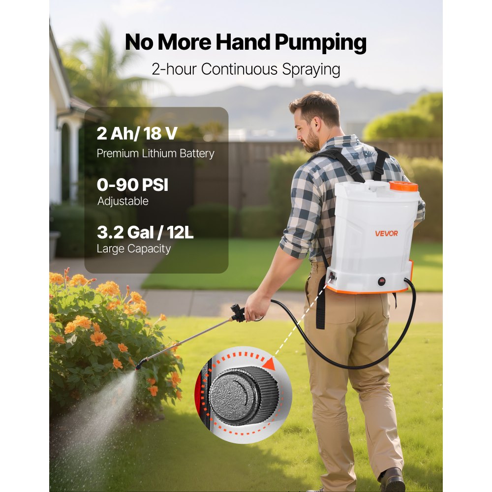 VEVOR Spruzzatore a Zaino Alimentato a Batteria 12 L Irroratrice a Spalla per Giardino, 2 Lance Retrattili e 5 Ugelli, Autonomia di 2 Ore, Spruzzatori Portatili per Diserbanti, Bianco e Arancione