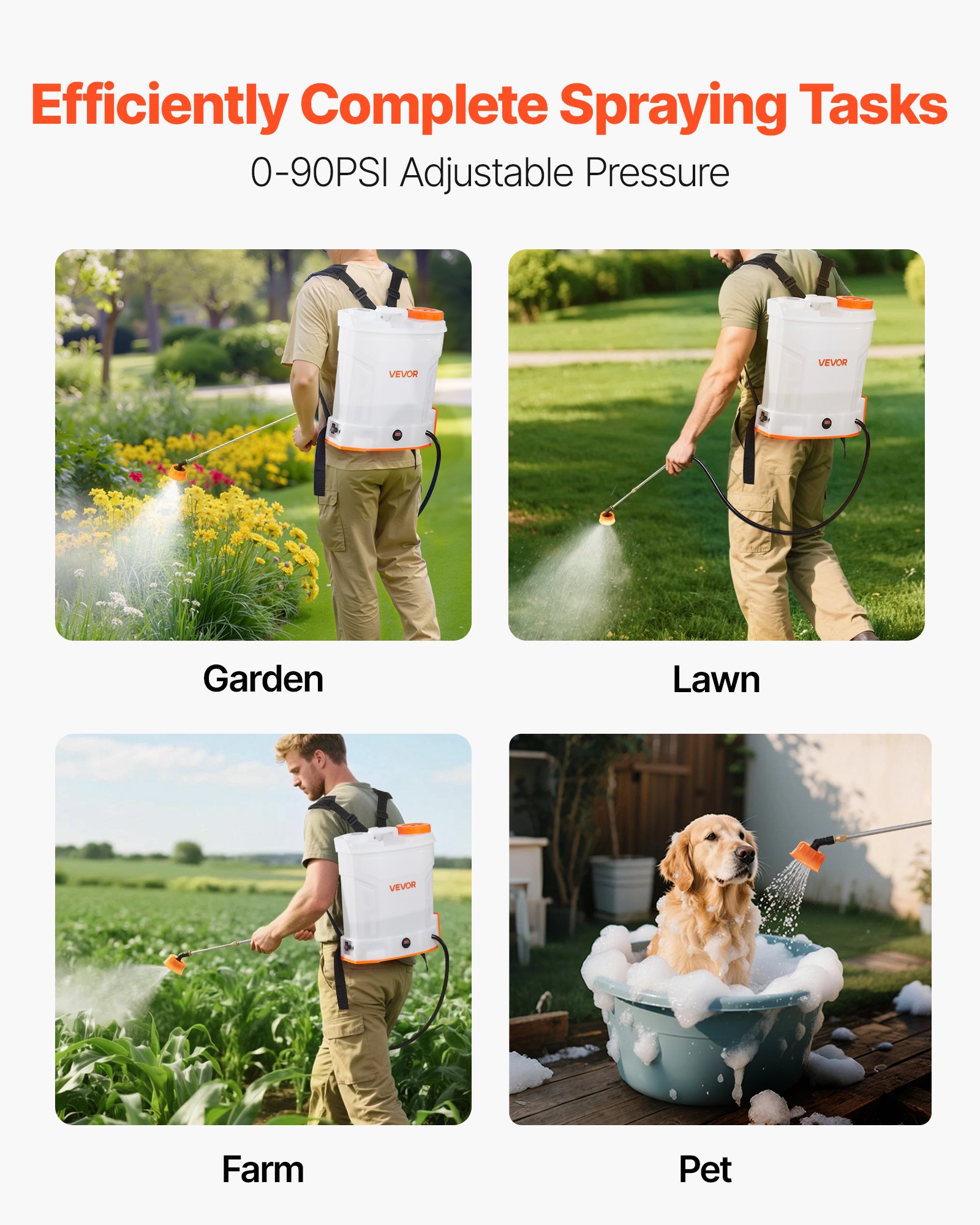 VEVOR Spruzzatore a Zaino Alimentato a Batteria 12 L Irroratrice a Spalla per Giardino, 2 Lance Retrattili e 5 Ugelli, Autonomia di 2 Ore, Spruzzatori Portatili per Diserbanti, Bianco e Arancione