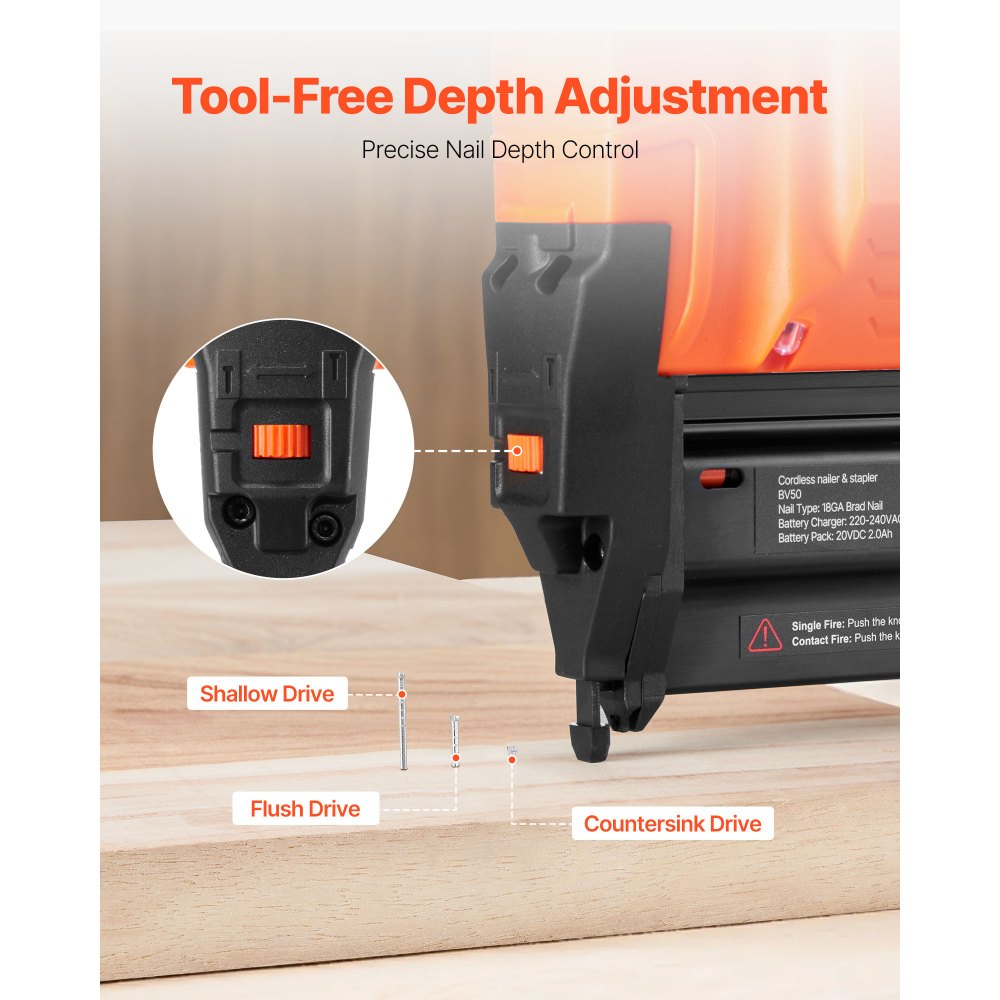 VEVOR Chiodatrice Brad a Batteria, Calibro 18, Sparachiodi Elettrica a Batteria da 20 V con 500 Chiodi, Batteria agli Ioni di Litio, Caricabatterie, Profondità di Chiodatura Regolabile, per Fai da Te