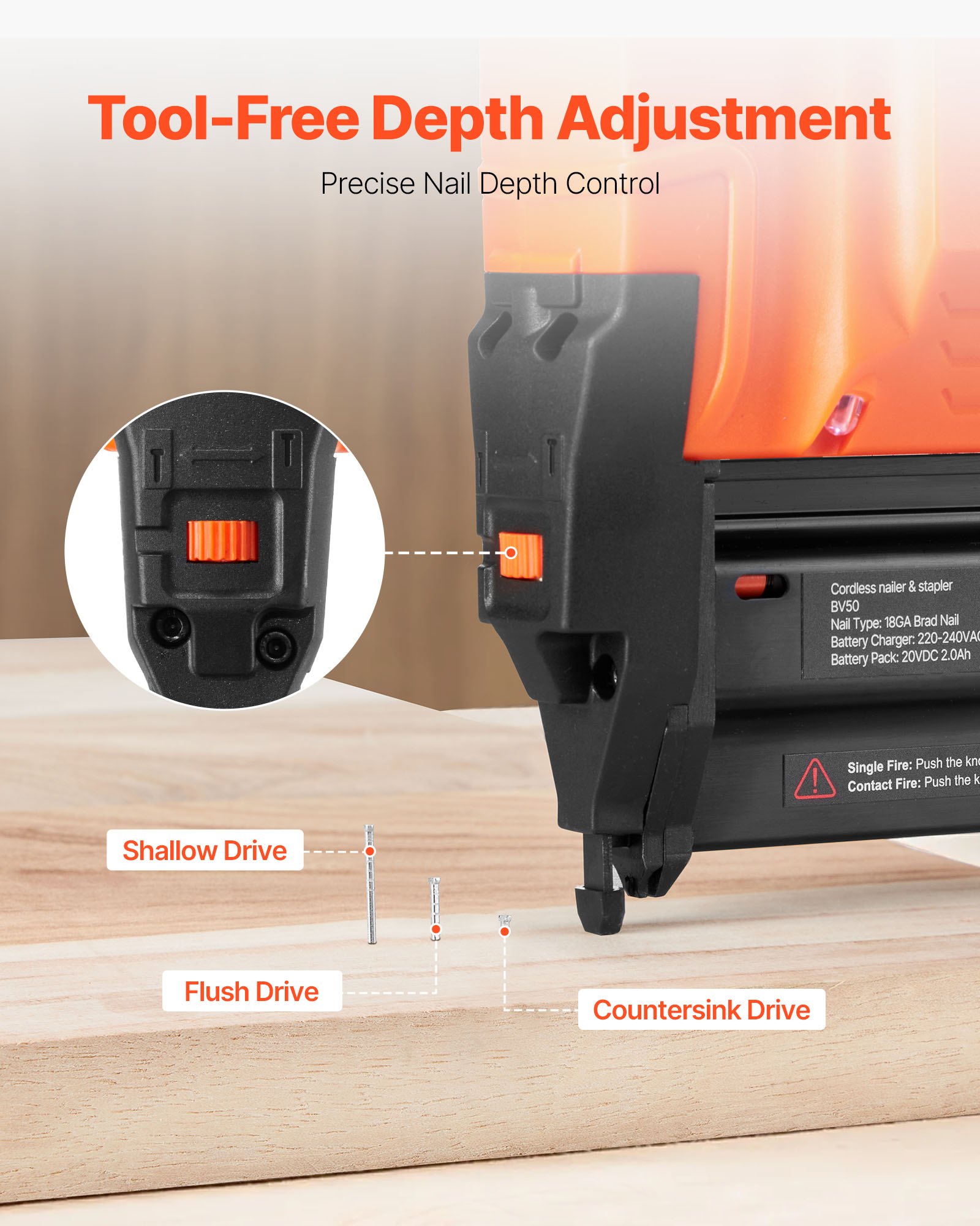 VEVOR Chiodatrice Brad a Batteria, Calibro 18, Sparachiodi Elettrica a Batteria da 20 V con 500 Chiodi, Batteria agli Ioni di Litio, Caricabatterie, Profondità di Chiodatura Regolabile, per Fai da Te