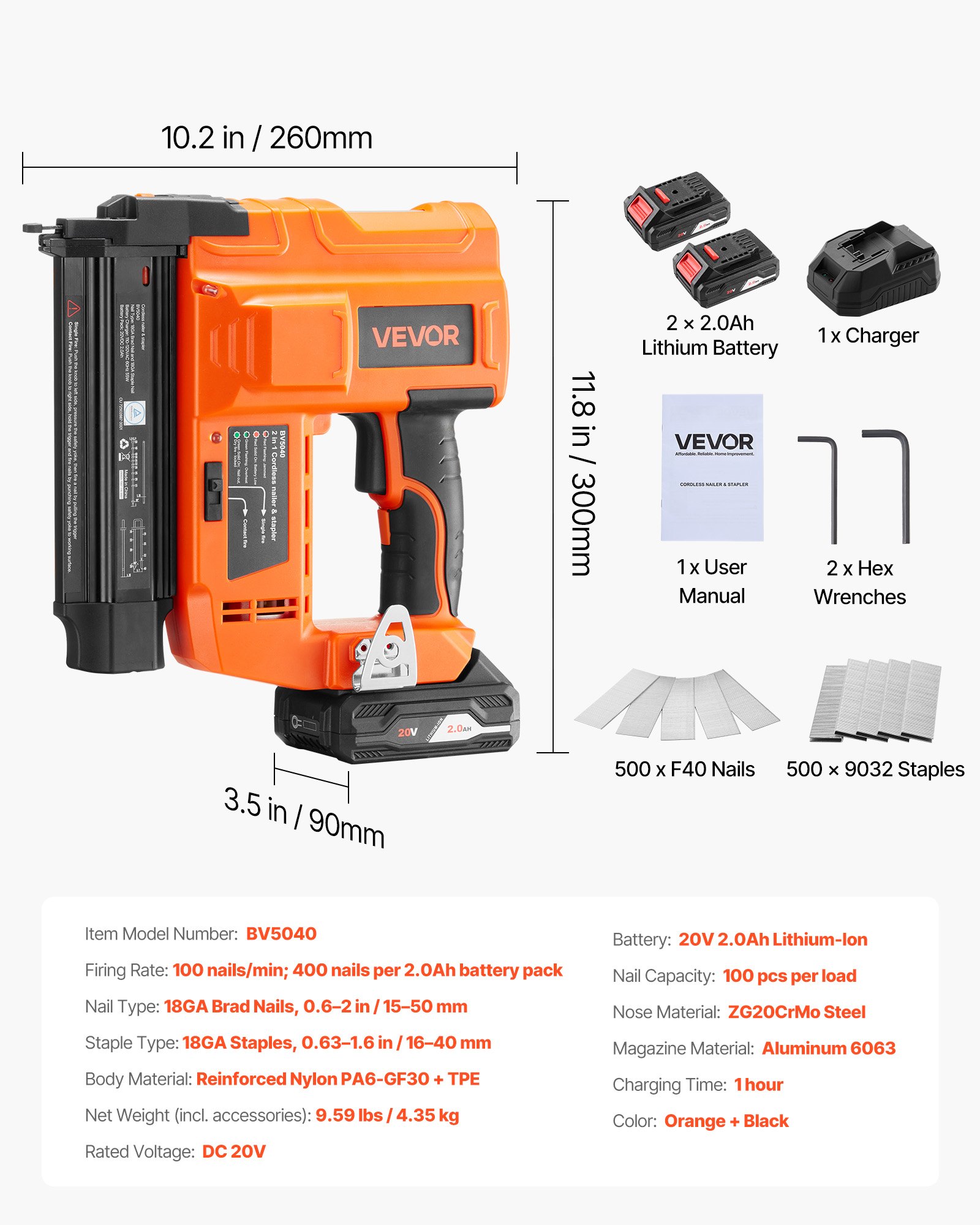 VEVOR Chiodatrice Brad a Batteria, Calibro 18, Sparachiodi Elettrica a Batteria da 20 V, con 500 Chiodi, 500 Punti Metallici, 2 Batterie agli Ioni di Litio, Caricabatterie, per Lavorazione del Legno