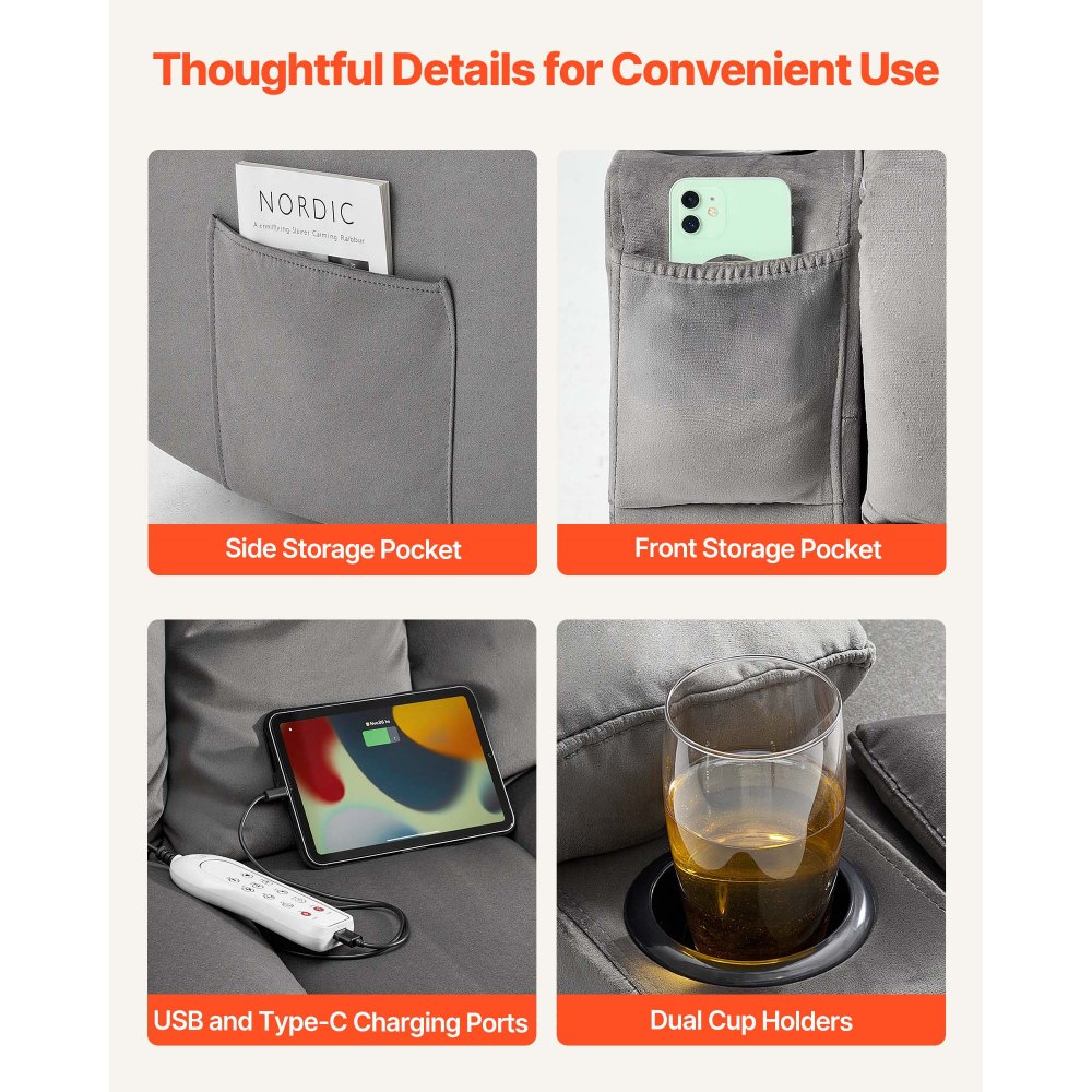 VEVOR Divano Reclinabile a Due Posti, Divano Reclinabile Elettrico con Riscaldamento e Massaggio, in Morbido Velluto con Porte USB, Portabicchieri e Borse Laterali, Poltrona a Due Posti, Grigio