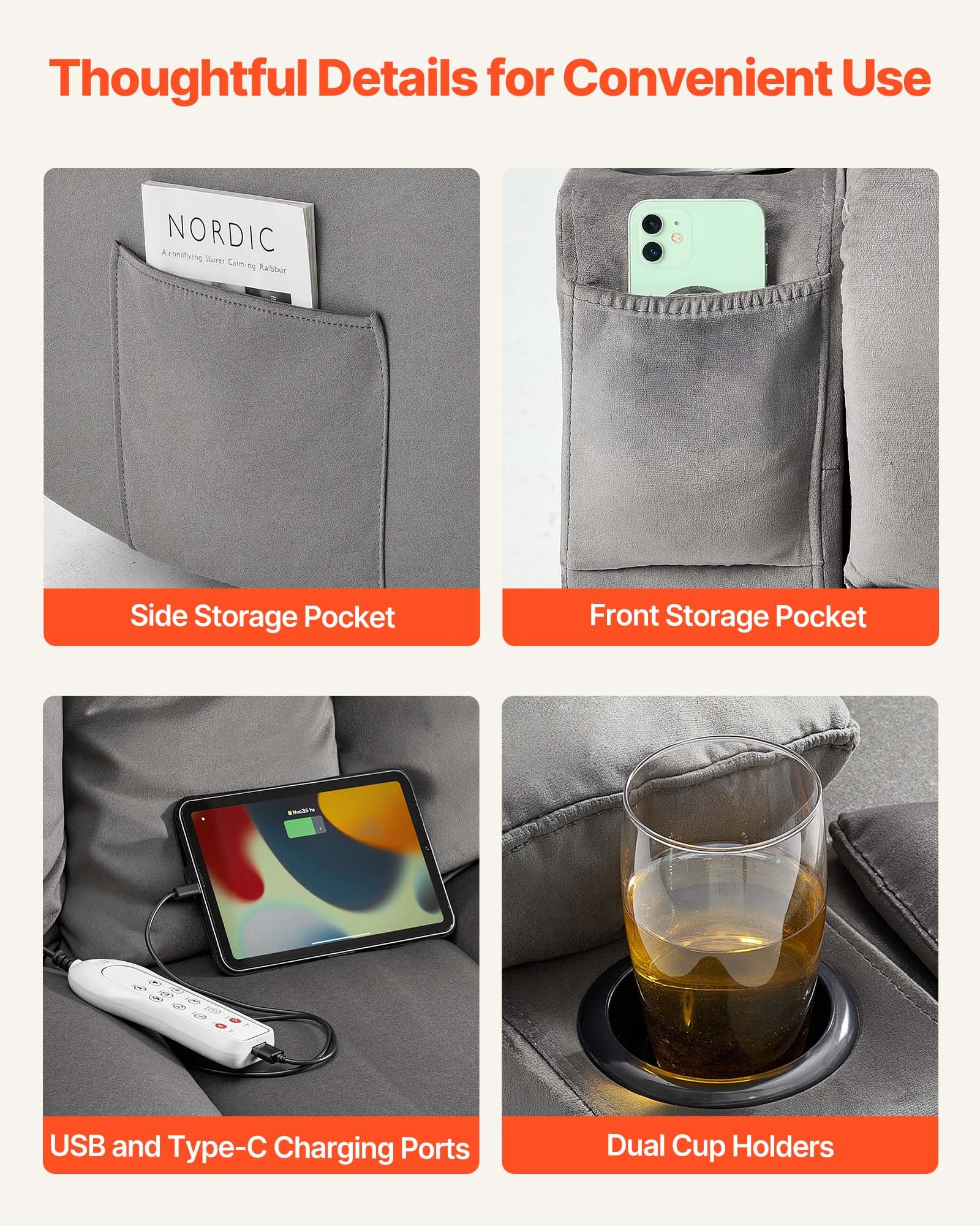 VEVOR Divano Reclinabile a Due Posti, Divano Reclinabile Elettrico con Riscaldamento e Massaggio, in Morbido Velluto con Porte USB, Portabicchieri e Borse Laterali, Poltrona a Due Posti, Grigio