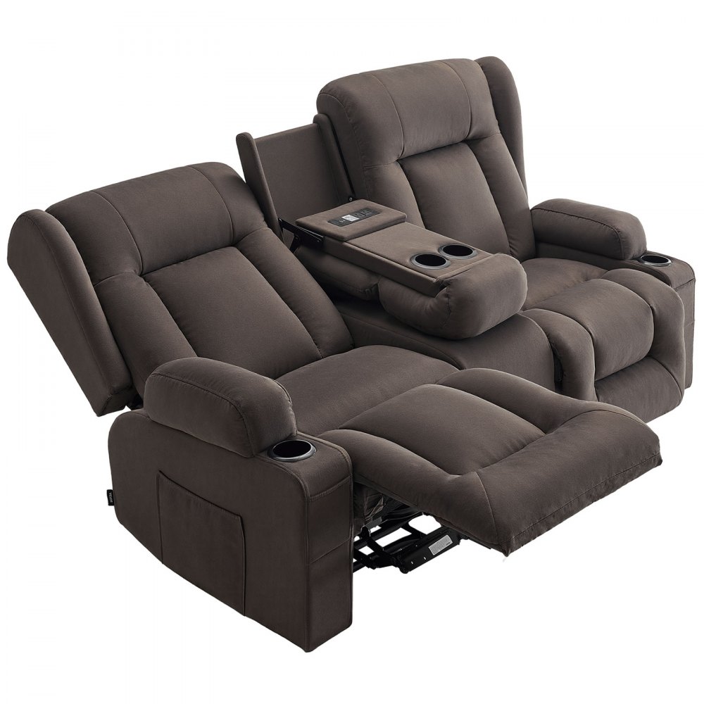 VEVOR Divano Reclinabile Elettrico a Due Posti, con Riscaldamento e Massaggio, Divano Reclinabile Elettrico in Pelle Scamosciata con Console Centrale, Porte USB, Portabicchieri e Borse Laterali