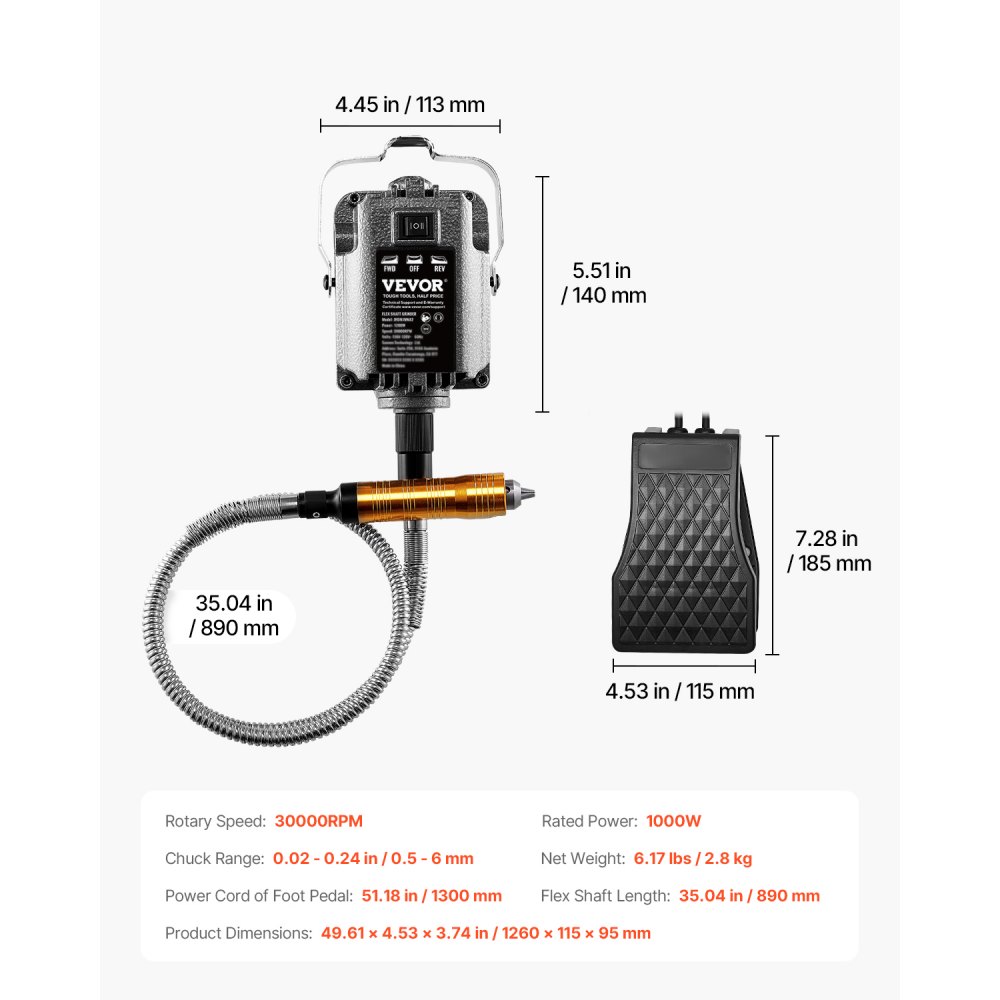 VEVOR Smerigliatrice ad Albero Flessibile, 1000 W 30000 giri/min, Utensile Rotante Elettrico ad Albero, Macchina per Smerigliatura Sospesa con 31 Accessori e Pedale per Intaglio, lucidatura, Foratura