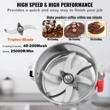 VEVOR Mulino Elettrico da Banco per Macina Spezie Cereali Alimenti Secchi Capienza max. da 300g Acciaio Inox Velocità 25000 giri/min, Mulino Elettrico 35x15cm per Cereali Spezie Erbe Orzo Macinacaffè