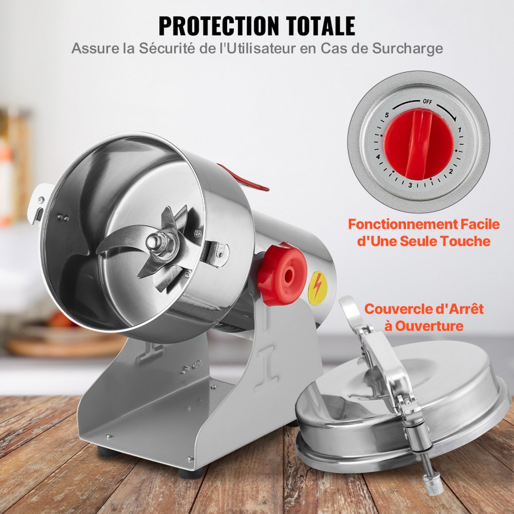 VEVOR 1000g Mulino Elettrico per Cereali, Macina Spezie Commerciale Alta Velocità 3000 W, Macchina Polverizzazione in Acciaio Inox, per Cereali Secchi, Spezie, Caffè, Mais, Pepe, Tipo Oscillante