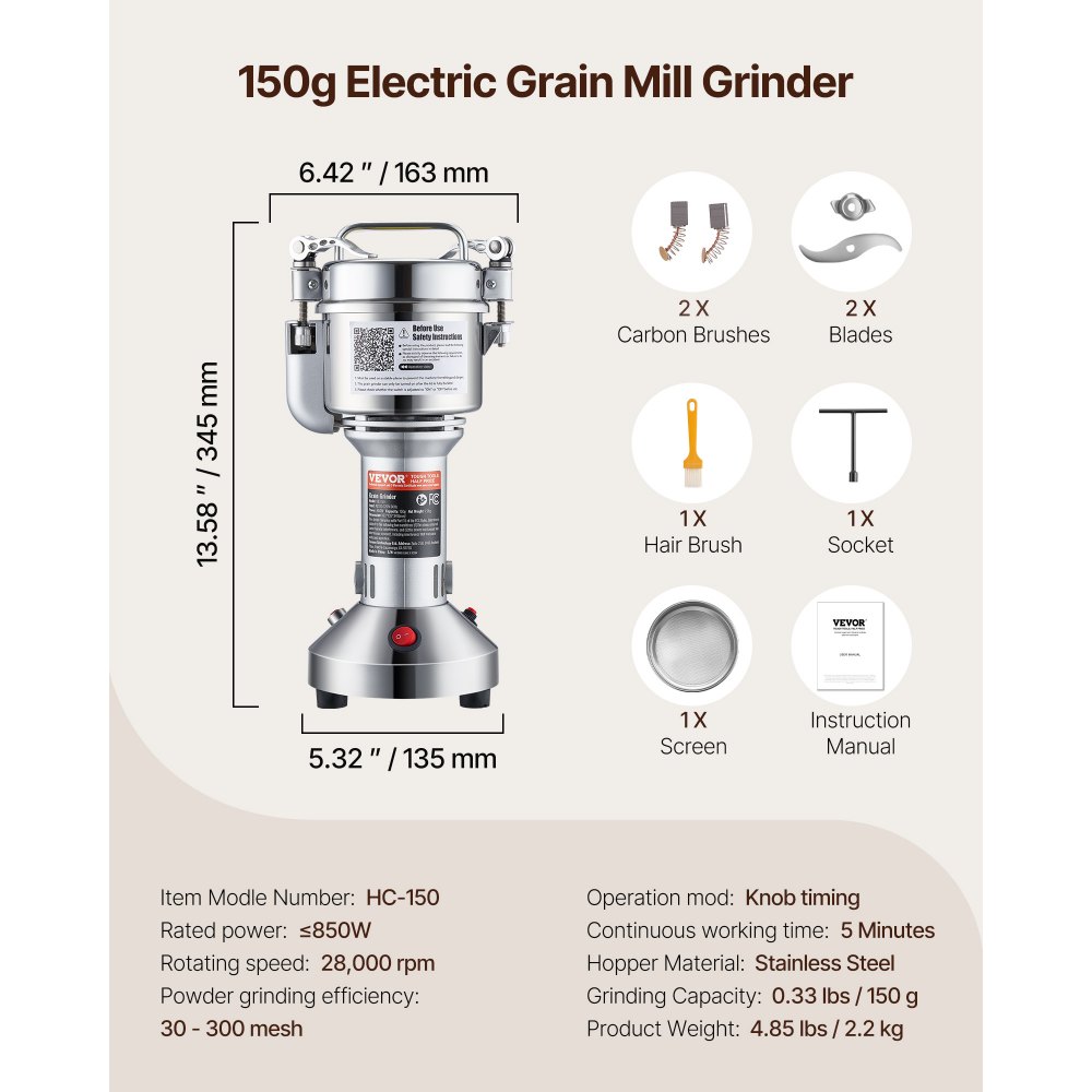VEVOR electric grain mill, high-speed spice mill with 850 W, stainless steel pulverizer, for dry grains, spices, muesli, coffee, corn, pepper, 163 x 135 x 345 mm