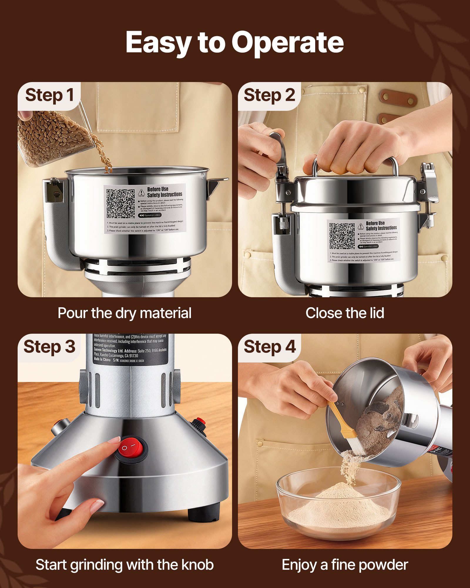 VEVOR electric grain mill, high-speed spice mill with 850 W, stainless steel pulverizer, for dry grains, spices, muesli, coffee, corn, pepper, 163 x 135 x 345 mm