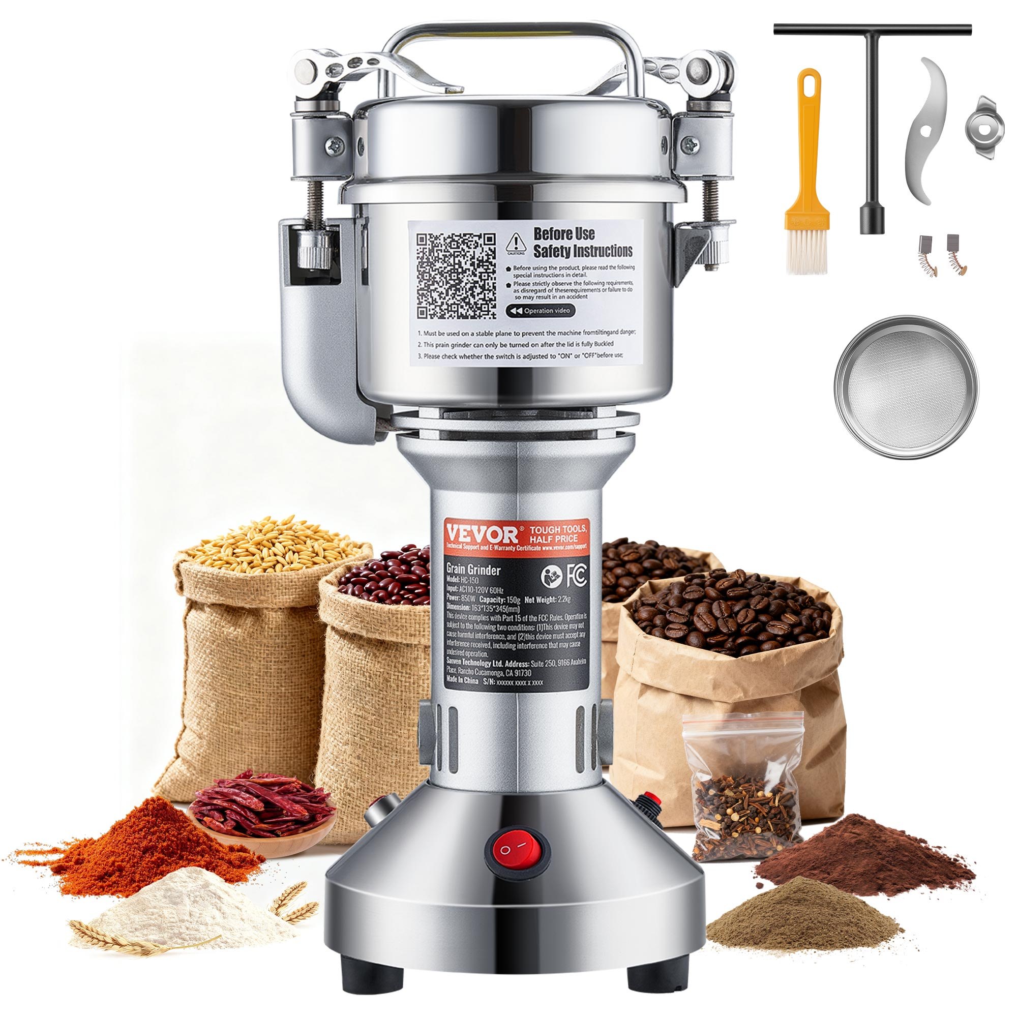 VEVOR 150g Mulino Elettrico per Cereali, Macina Spezie Commerciale Alta Velocità 850 W, Macchina Polverizzazione in Acciaio Inox, per Cereali Secchi, Spezie, Caffè, Mais, Pepe, Tipo Oscillante