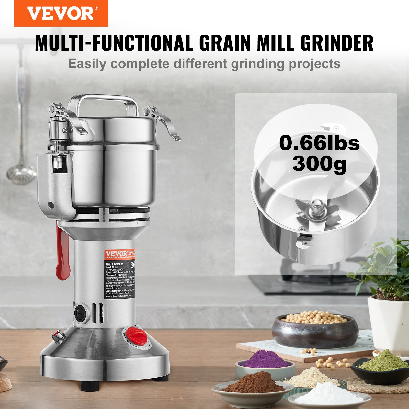VEVOR Electric Grain Mill, High-Speed Spice Mill, 1500 W, 300 g, Stainless Steel Pulverizer, for Dry Grains, Spices, Muesli, Coffee, Corn, Pepper, Silver, 180 x 160 x 355 mm