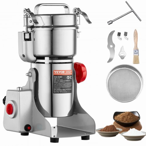 VEVOR 300g Mulino Elettrico per Cereali, Macina Spezie Commerciale Alta Velocità 1500 W, Macchina Polverizzazione in Acciaio Inox, per Cereali Secchi, Spezie, Caffè, Mais, Pepe, Tipo Oscillante