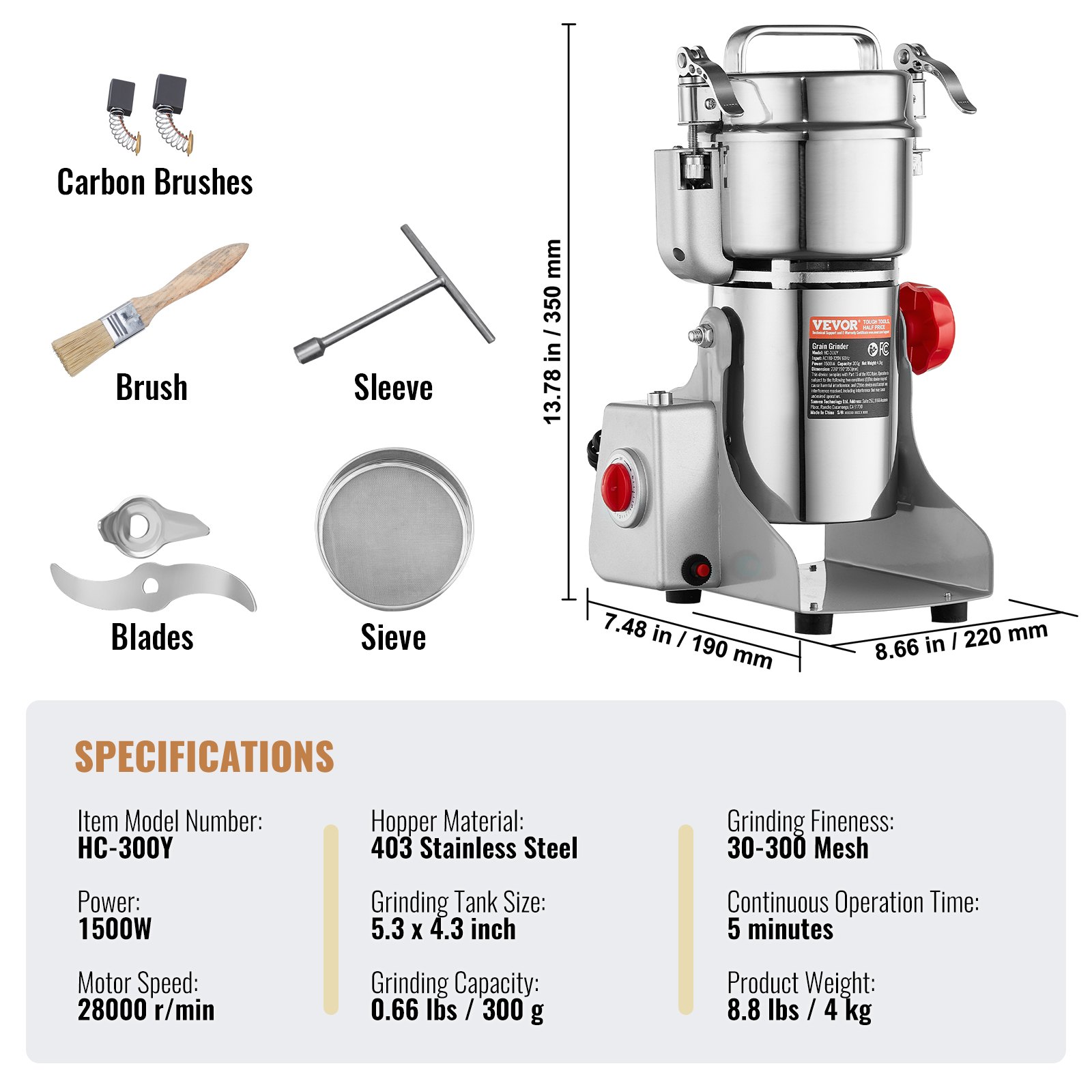 VEVOR 300g Electric Grain Mill, High-Speed Spice Mill with 1500W, Stainless Steel Pulverizer, for Dry Grains, Spices, Muesli, Coffee, Corn, Pepper, Swivel Type