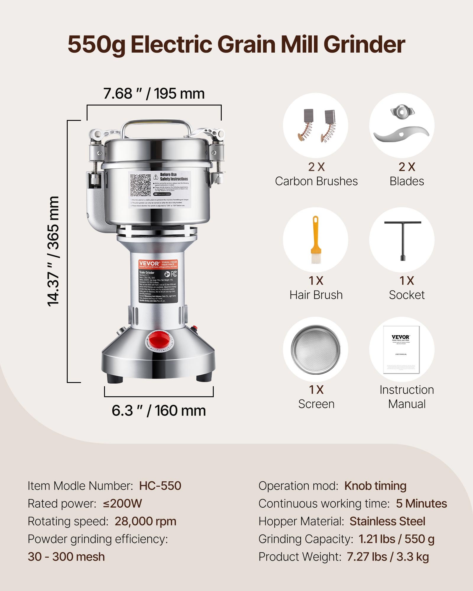 VEVOR 550g Mulino Elettrico per Cereali, Macina Spezie Commerciale Alta Velocità 2000 W, Macchina Polverizzazione in Acciaio Inox, per Cereali Secchi, Spezie, Caffè, Mais, Pepe, Tipo Oscillante