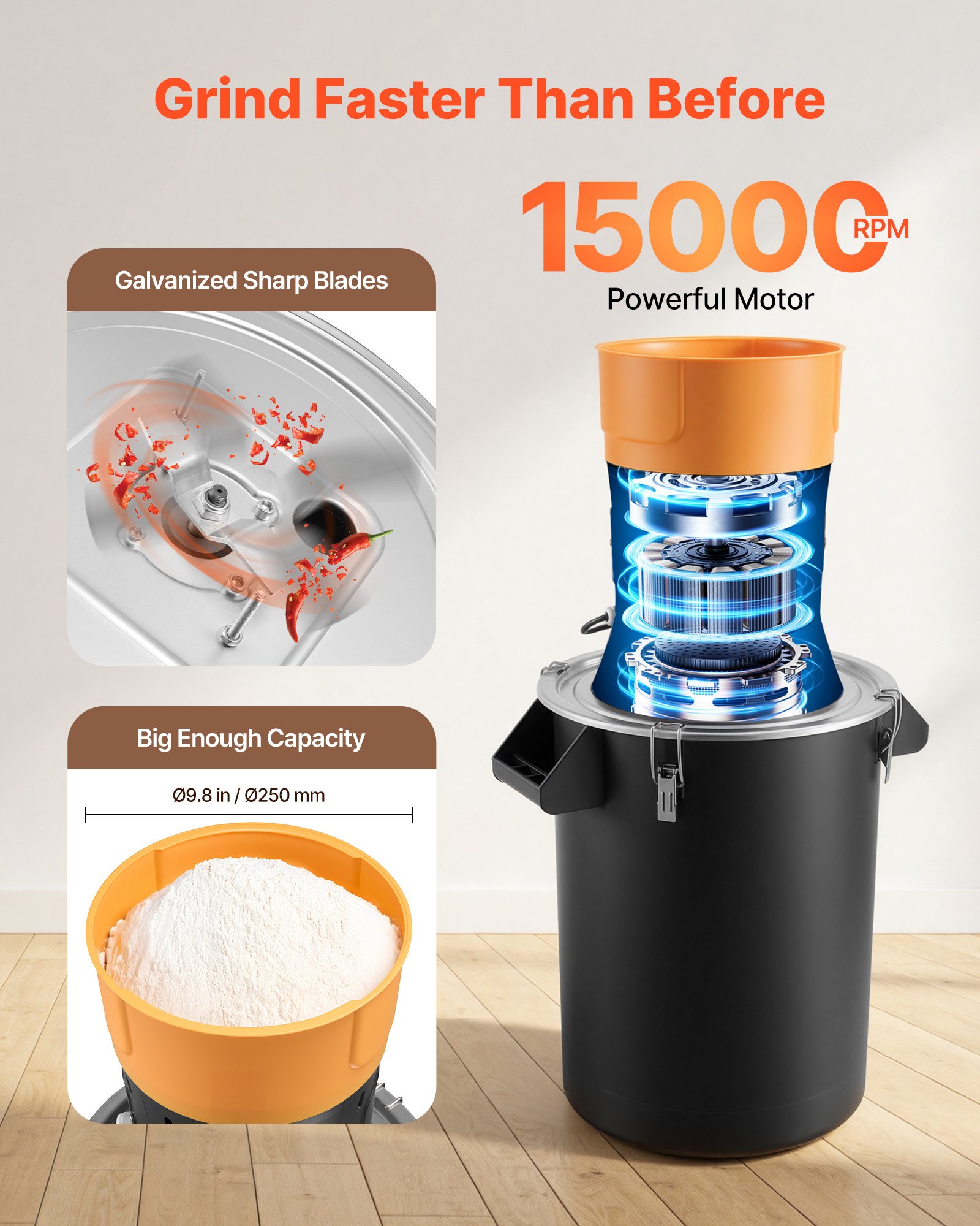 VEVOR Mulino Macina Spezie Elettrico per Cereali Commerciale ad Alta Potenza da 600 W, Polverizzatore da 53 Litri con Lame Affilate Zincate, per Cereali Secchi, Spezie, Chicchi di Caffè, Mais e Pepe