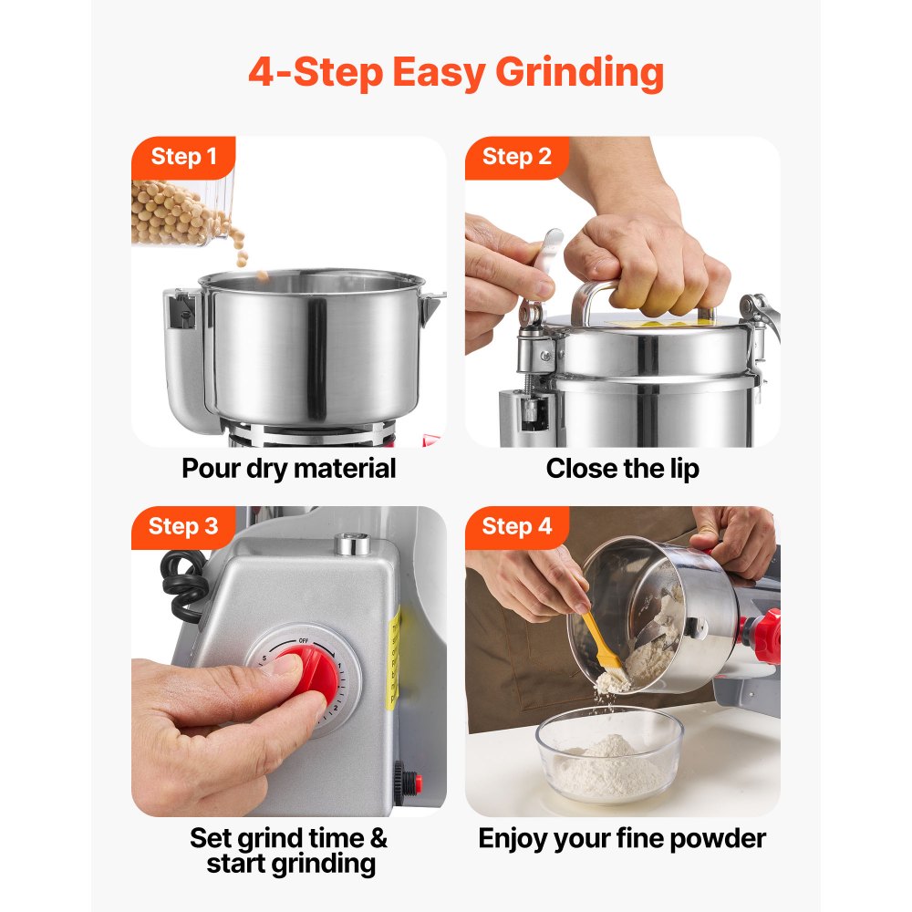 VEVOR Electric Grain Mill Grinder, 800g Commercial Spice Grinders, High Speed 2100W Stainless Steel Pulverizer Powder Machine, for Dry Grains, Spices, Cereals, Coffee, Corn & Pepper, Swing Type