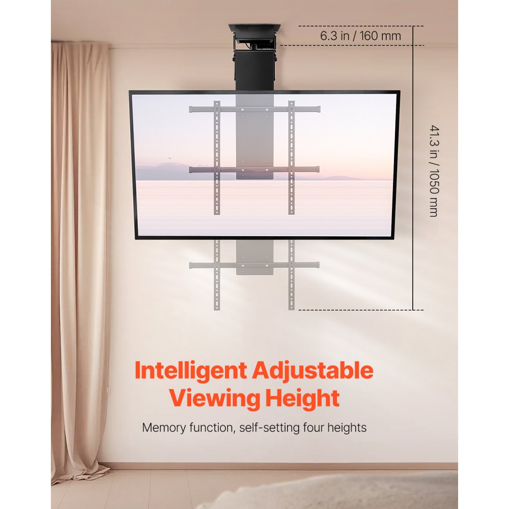 VEVOR motorized TV ceiling mount for 813 to 1778 mm TVs, electrically adjustable fold-down stand with max. VESA 60 x 60 cm, suitable for TVs up to 50 kg