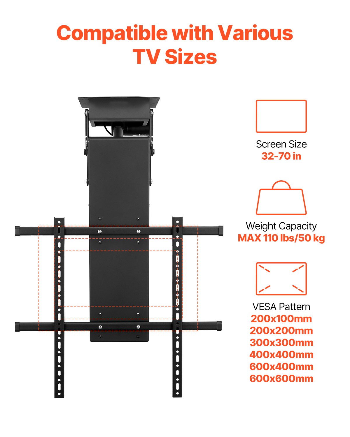 VEVOR Supporto per TV da Soffitto Motorizzato, Telaio Supporto per TV Dimensioni da 813 a 1778 mm, Telaio Porta Televisione Pieghevole Regolabile con VESA Massimo 60 x 60 cm, Carico max. 50kg