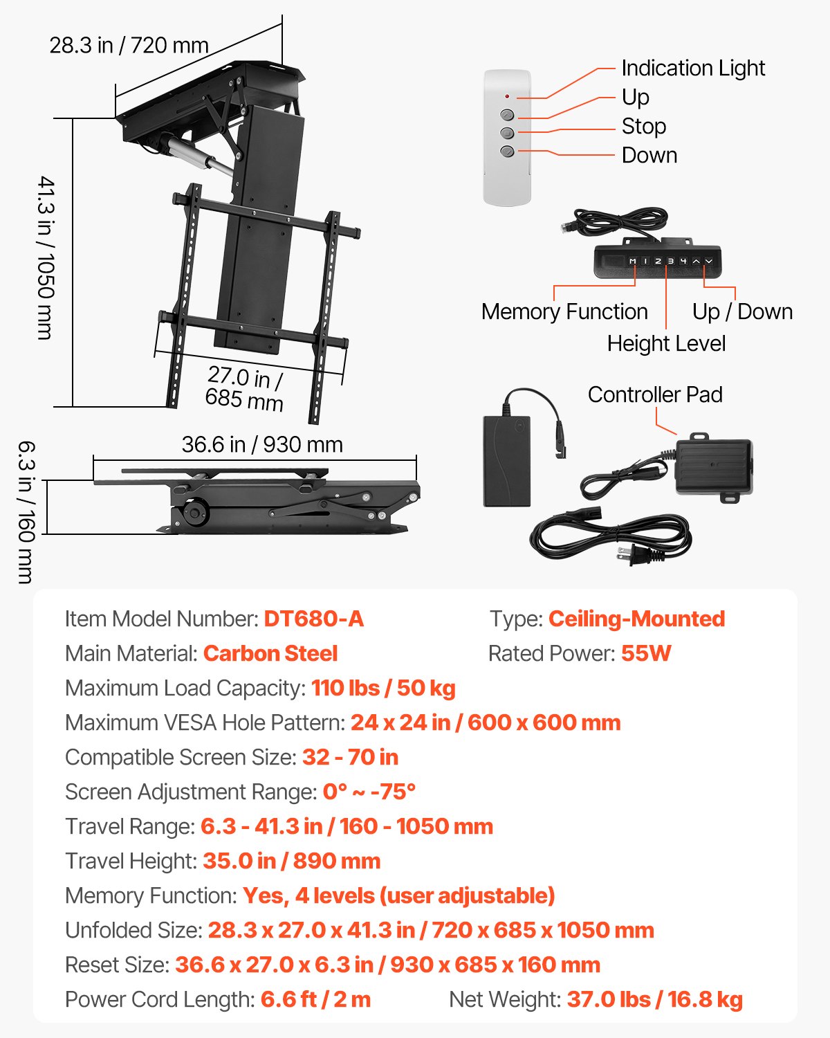 VEVOR motorized TV ceiling mount for 813 to 1778 mm TVs, electrically adjustable fold-down stand with max. VESA 60 x 60 cm, suitable for TVs up to 50 kg