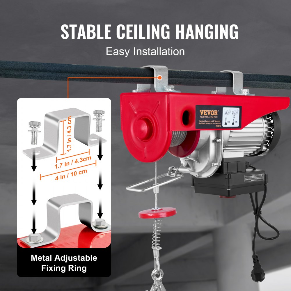 VEVOR electric winch 200kg to 400kg lifting height 12m cable pull motor winch 850W motor block and tackle 10m/min lifting speed hoist with wireless remote control cable hoist chain hoist