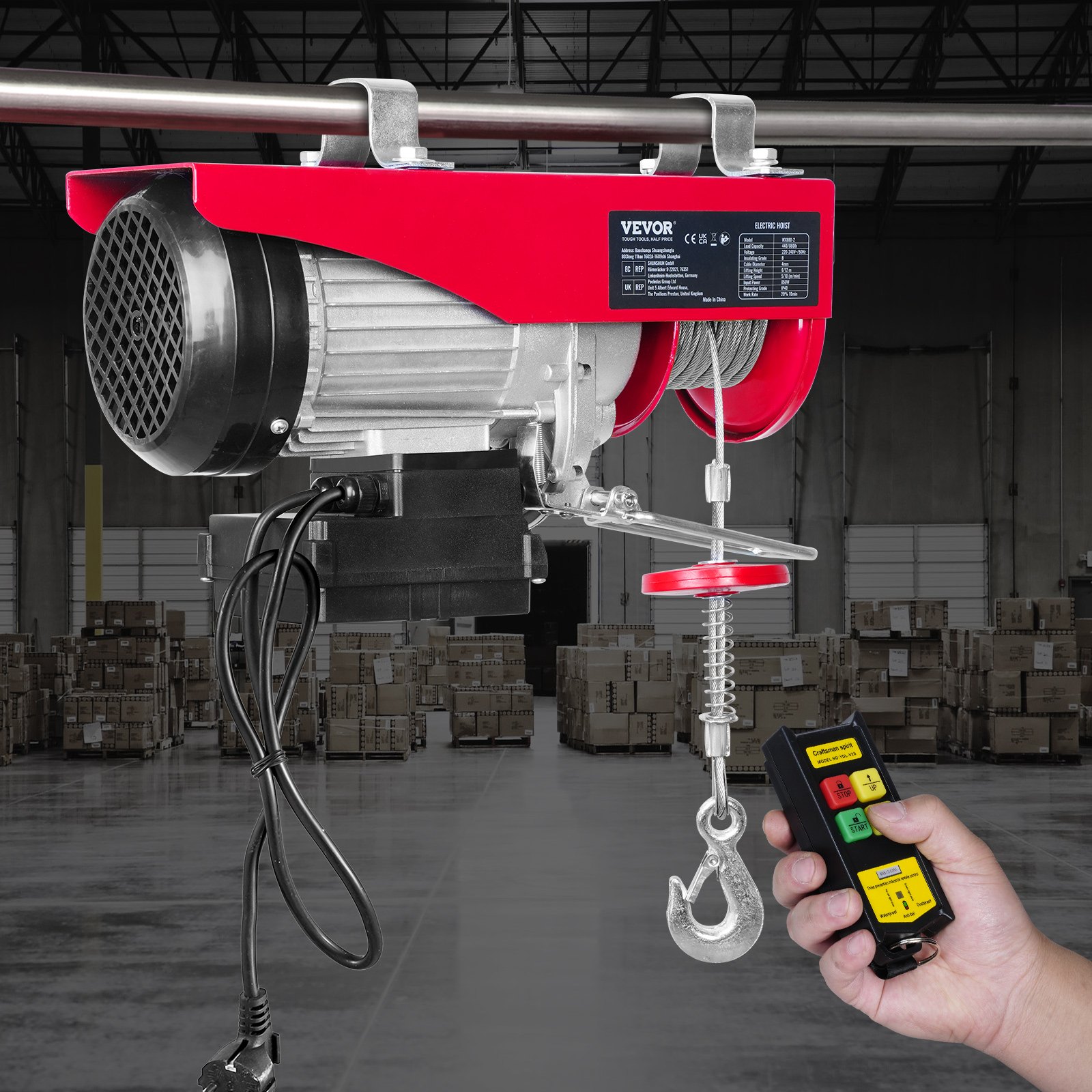 VEVOR electric winch 200kg to 400kg lifting height 12m cable pull motor winch 850W motor block and tackle 10m/min lifting speed hoist with wireless remote control cable hoist chain hoist