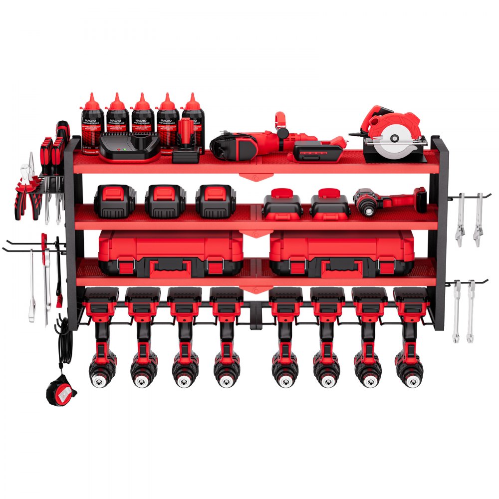 VEVOR Scaffale per Utensili Elettrici da Parete, Portautensili da Parete per Trapani a 4 Livelli con 8 Supporti per Trapano, Portaoggetti con Pannelli Forati Laterali, per Utensili da Garage Officina