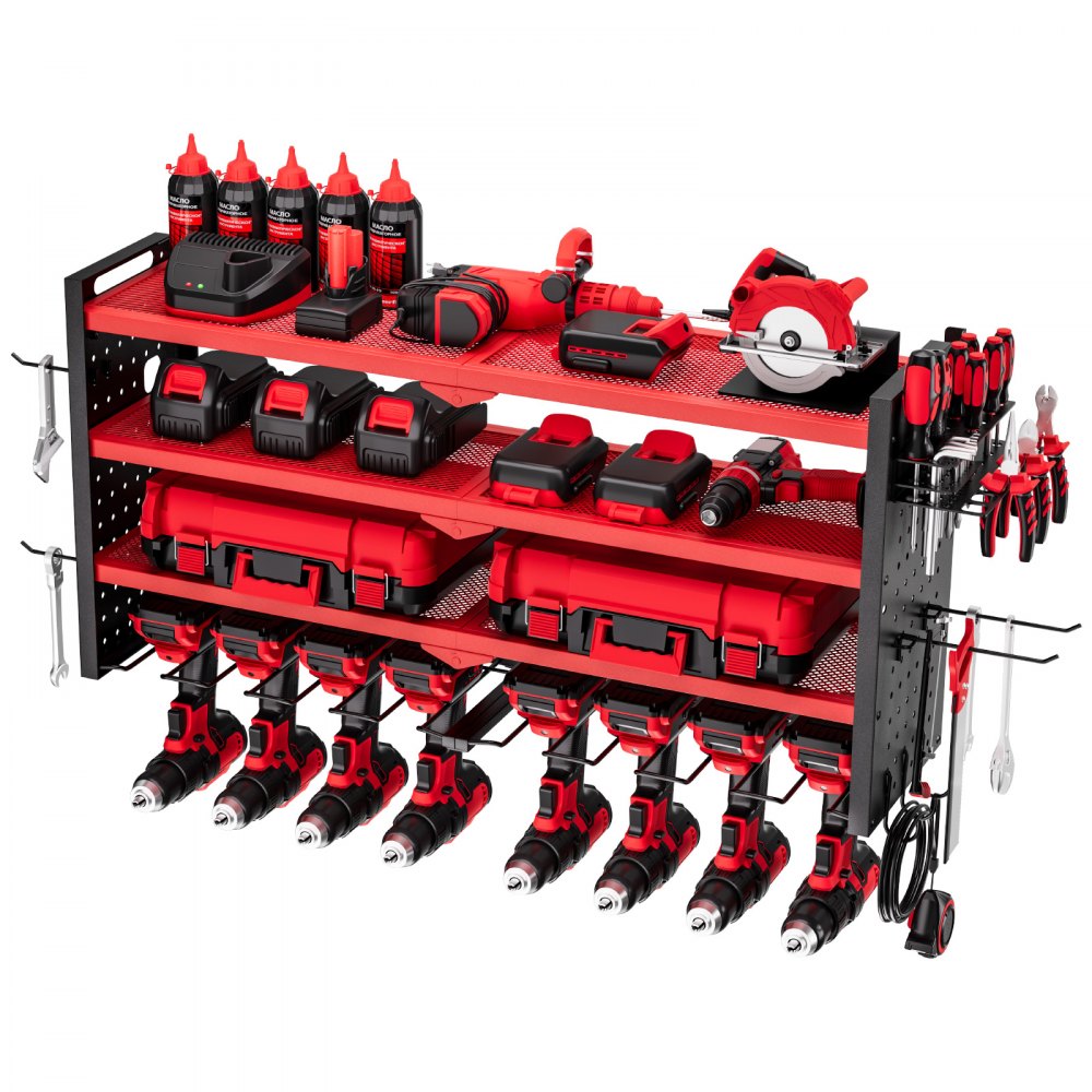 VEVOR Scaffale per Utensili Elettrici da Parete, Portautensili da Parete per Trapani a 4 Livelli con 8 Supporti per Trapano, Portaoggetti con Pannelli Forati Laterali, per Utensili da Garage Officina