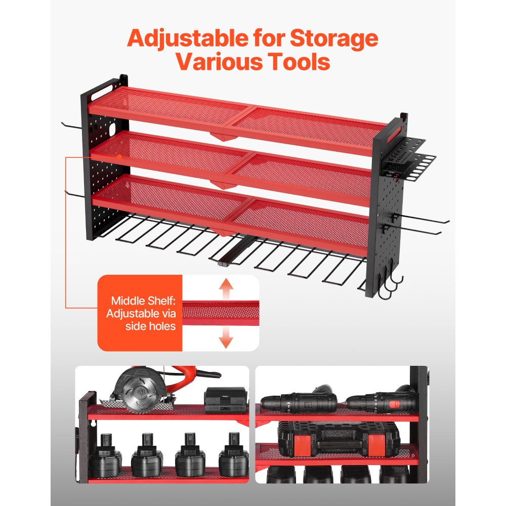 VEVOR Power Tool Organizer Wall Mount, 4-Layer Storage Rack with 8 Drill Holders, Tools Holder and Storage Rack with Side Pegboards, Garage Tool Organizer for Garage, Workbench, and Workshop