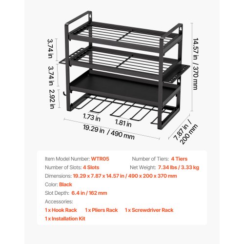 Scaffale Per Utensili Elettrici Da Parete VEVOR – A 4 Livelli Con Supporti Per Trapani, Fino A 60 Kg | Organizza Garage, Officina O Laboratorio