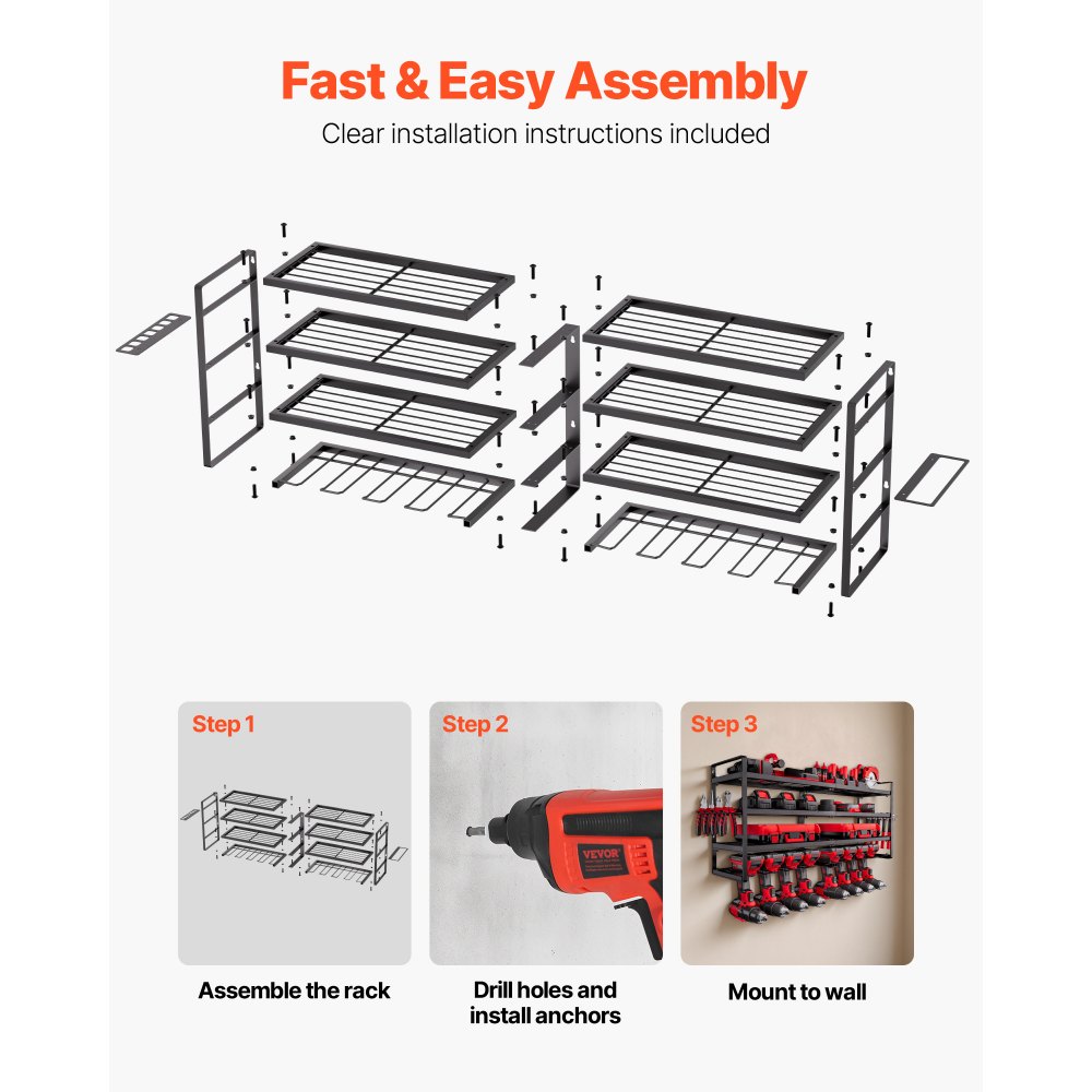 VEVOR Power Tool Organizer Wall Mount, 4-Layer Storage Rack with 8 Drill Holders, Tools Holder and Storage Rack with Screwdriver Holder, Garage Tool Organizer for Garage, Workbench, and Workshop