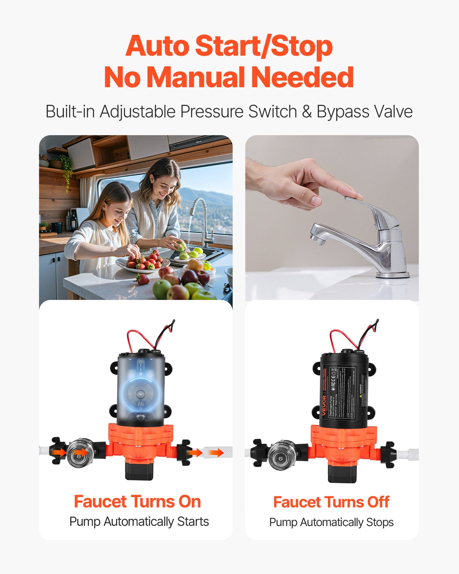 VEVOR Pompa a Membrana dell'Acqua per Camper 12 V CC 15,1 L/min, Pompa dell'Acqua a Membrana Autoadescante a 3 Camere con Pressostato Automatico, Pressione max. 40 PSI per Barca RV Camper