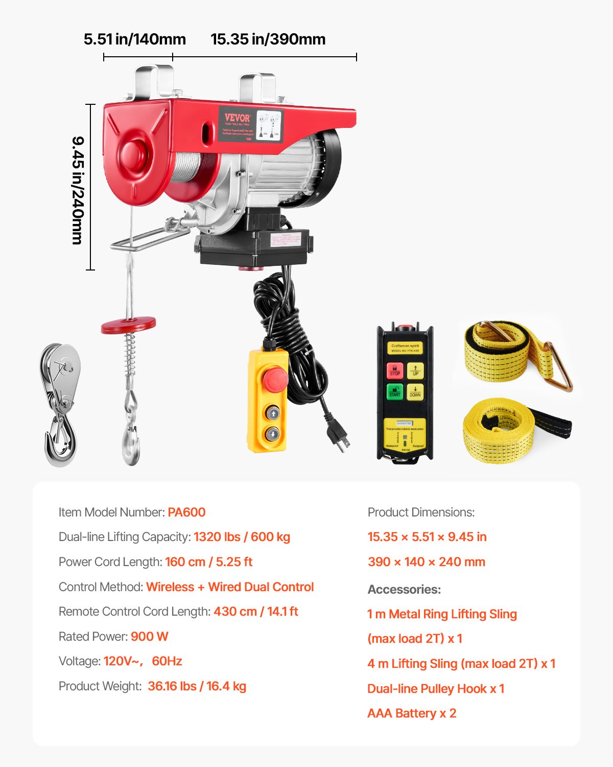 VEVOR Paranco Elettrico Doppio Cavo Carico max. 600kg, Telecomando a Filo 4,2m, Altezza di Sollevamento Cavo Singolo 12m, Paranco Arresto di Emergenza, Sollevatore per Garage, Magazzino, Fabbrica